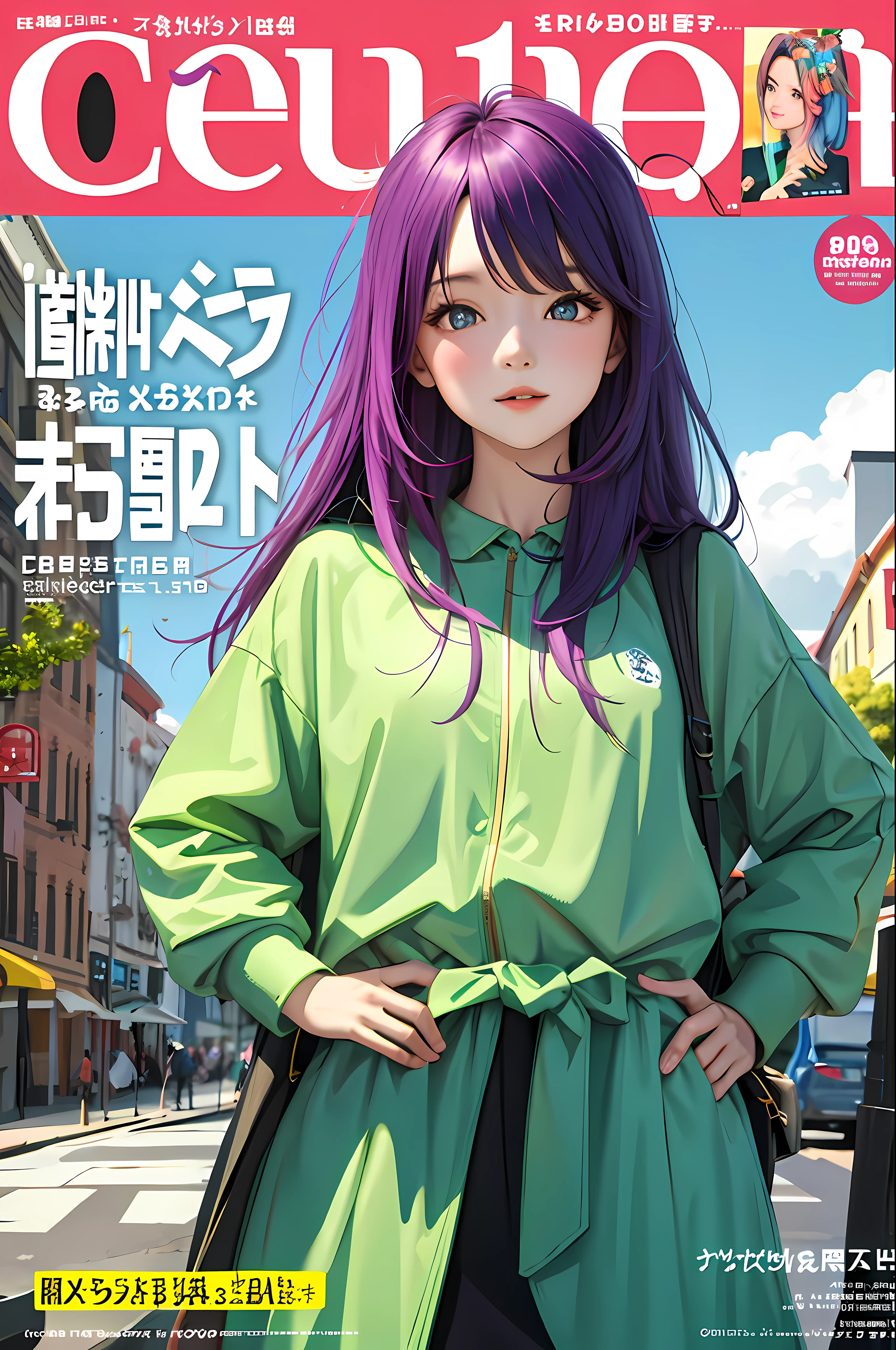 masterpiece, best quality, spring outfit, colorful hair, outdoor, magazine cover ,upper body,