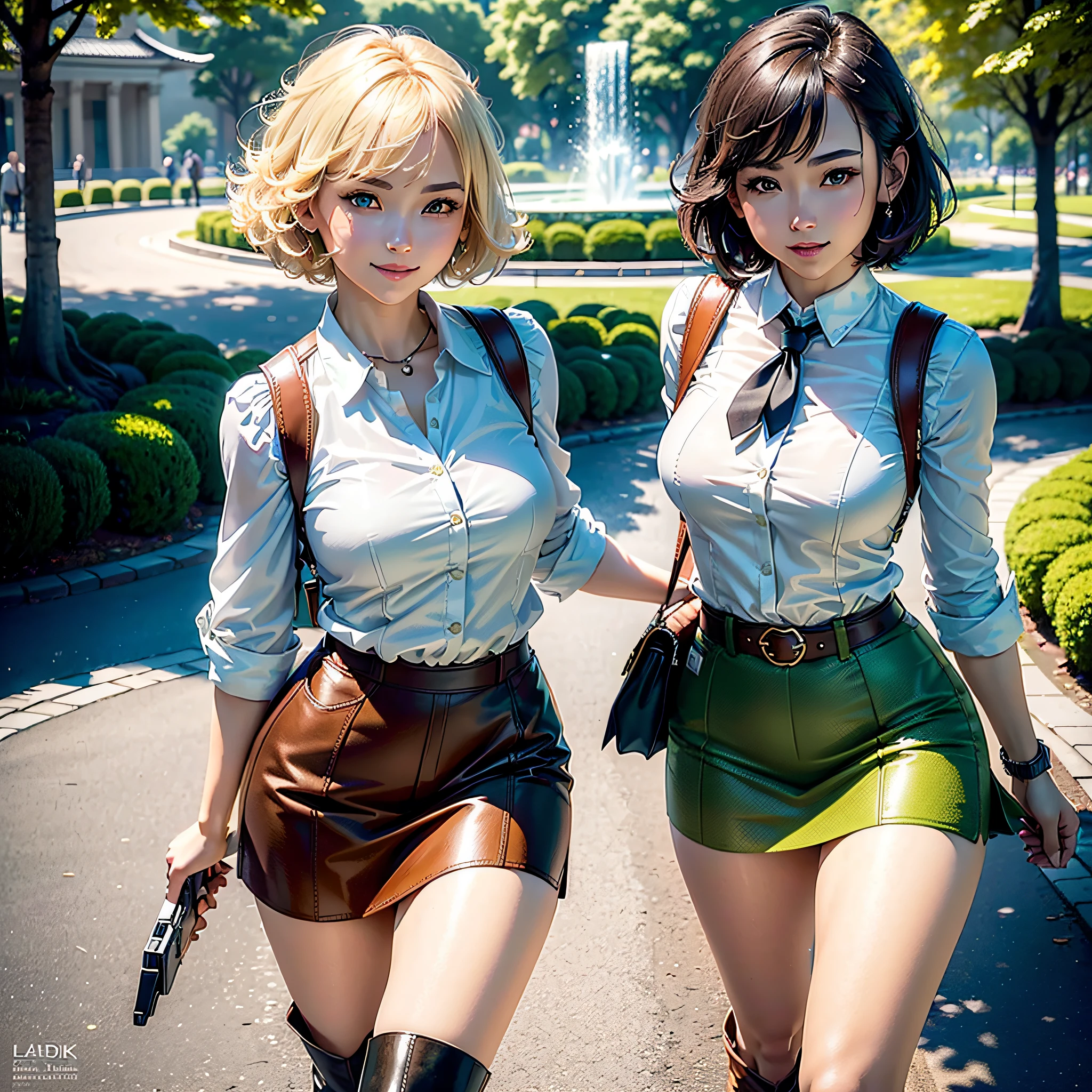 (Masterpiece, highest quality, highest resolution, distinct_image, very elaborate CG, cinematic lighting, ray tracing, drop shadows, detailed detail, (photorealistic: 1.4), high quality textures, fine-grained, realistic face expressions): (Solo girl, face is Japan, short golden hair, short-cut hair, small size breasts, Sparkly eyes, eye level shots, happy smiles, beauty, slim body, holiday, skirt, white shirt with collar, leather vest, cardian, handgun holder, carrying leather back on the back, long boots, tie, fresh green season, sunny day with good climate, green park, lush trees, wide lawn, promenade in the park, flowers blooming in flower beds, Street, Fountain, Active Angle, Active Action)