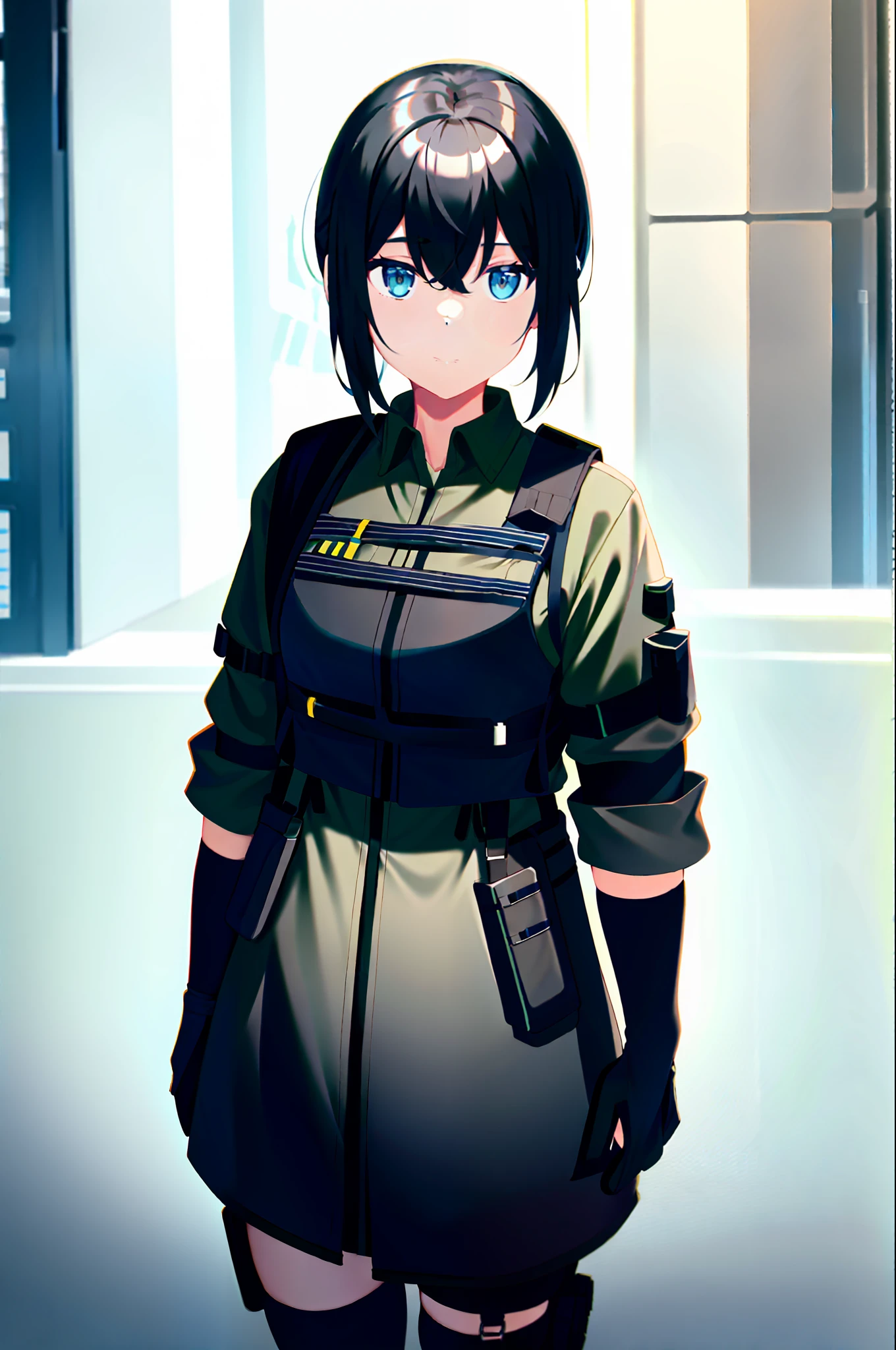 photo of a iom girl, 1girl, bangs, black hair, blue eyes, bulletproof vest, gloves, headphones, holster, looking at viewer, medium hair, military, plate carrier, tactical clothes, (black and khaki clothes),  thigh holster, thigh strap, forest, running, black backpack, outdoors,