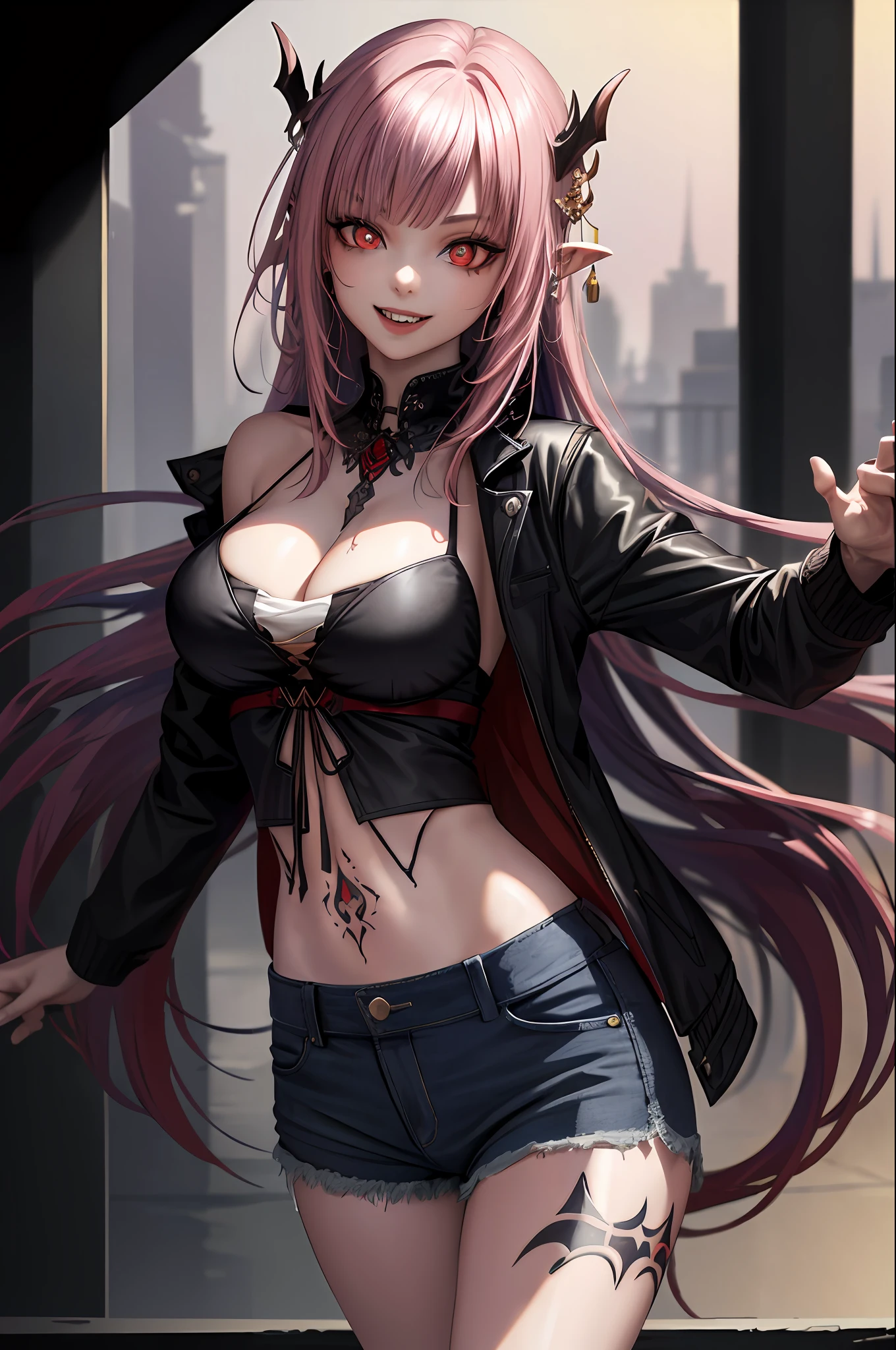 (Ashenhardt style:1.4), Masterpiece, Best quality, High quality,(Red eyes with dark red glow), (in profile), Abstraction, Deep Sea, Award-winning photography, Depth of field, HDR, Very detailed, Trending in art station, Trending in CGsociety, Complex, High detail,(Masterpiece: 1.2, highest quality), (Best lighting, very delicate and beautiful), (Best lighting, Very delicate and beautiful), (beautiful detailed face), (detailed eyes and detailed face:1.2), dark fantasy, (young girl, 1girl, solo, crazy smile, pale skin,G cup,cleavage,19 piercings,((tattoo all over body,tribal tattoo all over foot)) gray hair, red glowing eyes, dynamic angle, vampire), ((back Art Paint,Magic Circle,Graffiti on the Wall)),(Get a Demon to Summon:1),((In the Chinese Cityscape)),(Magic Circle to Devil),Magic Thunder, pointy_ears, Fangs,Blood on Face,Blood Rain,Blood Mist,(Depth of Field),High Contrast,(Blood Splash: 1.4),Cowboy Shot,Full Body,Colorful Pose,Shorts,Jacket,Shirt,Shorts,Cowboy Shot,Denim Jacket,