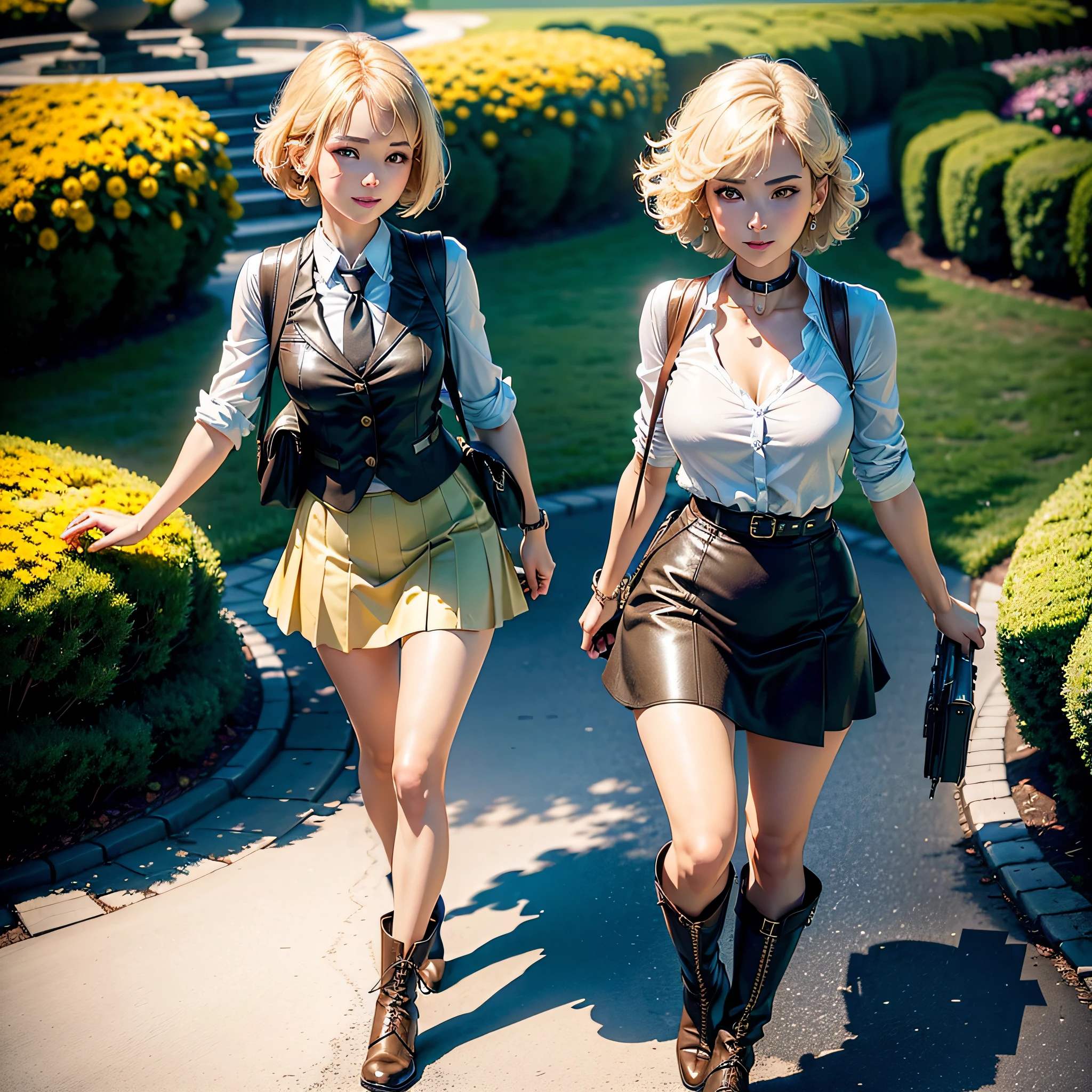 (Masterpiece, highest quality, highest resolution, distinct_image, very elaborate CG, cinematic lighting, ray tracing, drop shadows, detailed detail, (photorealistic: 1.4), high quality textures, fine-grained, realistic face expressions): (Solo girl, face is Japan, short golden hair, short-cut hair, small size breasts, Sparkly eyes, eye level shots, happy smiles, beauty, slim body, holiday, skirt, white shirt with collar, leather vest, cardian, handgun holder, carrying leather back on the back, long boots, tie, fresh green season, sunny day with good climate, green park, lush trees, wide lawn, promenade in the park, flowers blooming in flower beds, Street, Fountain, Active Angle, Active Action)