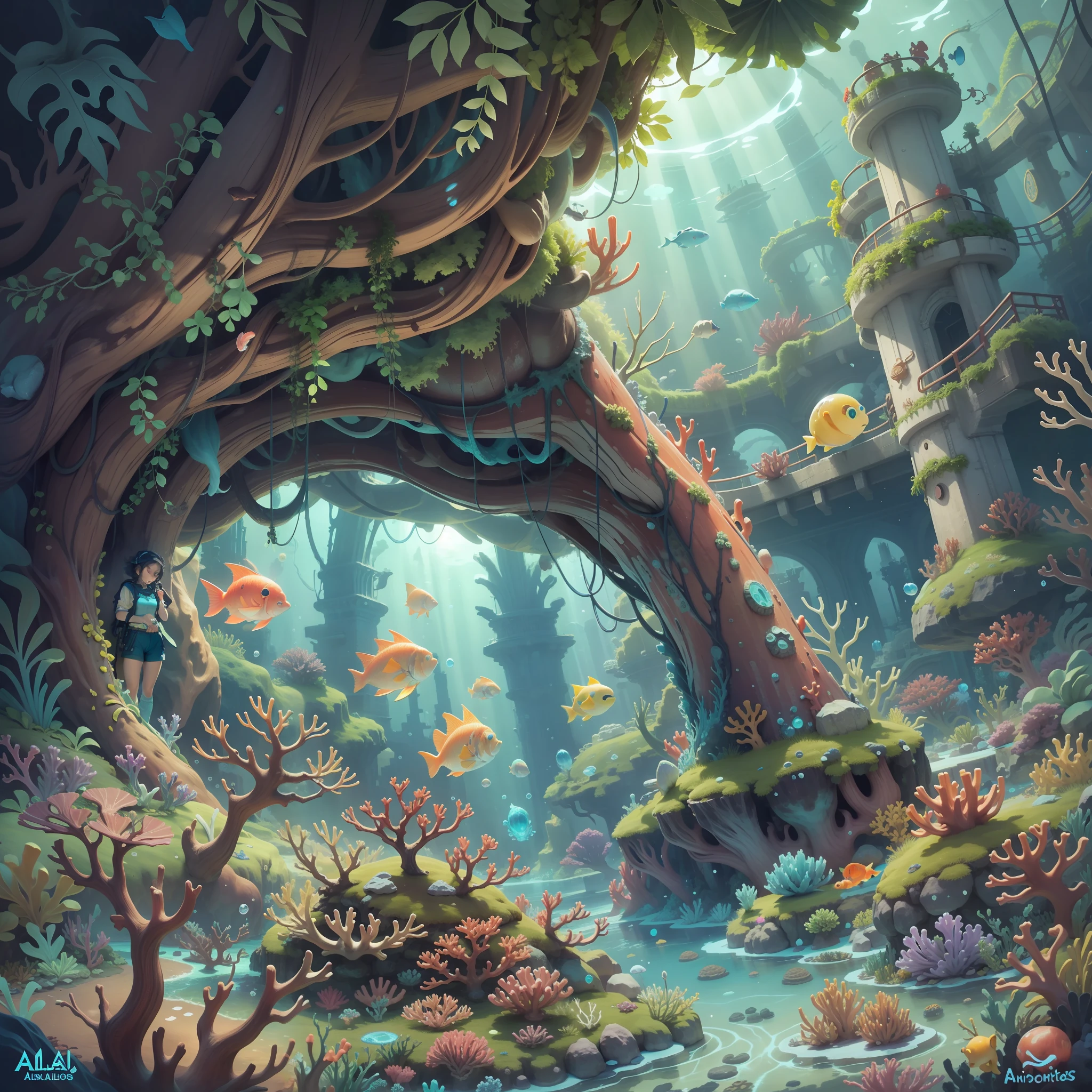 underwater world, coral, reef, water world, glowing coral, glowing bubble, ((Atlantis)), underwater city, point of light, fantasy, big fish, point of light