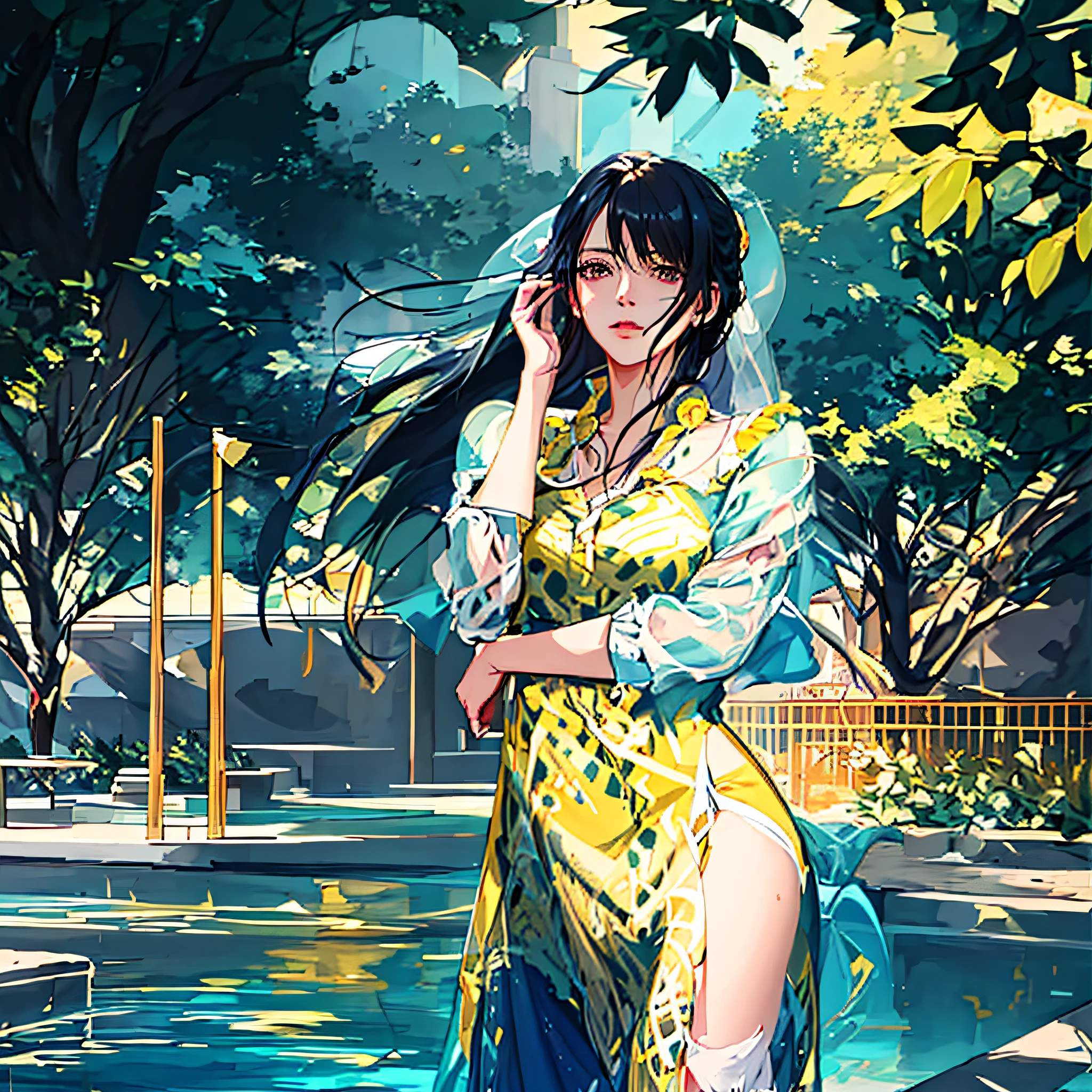 anime girl in yellow dress standing by a pool with her hand on her head, beautiful character painting, artwork in the style of guweiz, a beautiful artwork illustration, highly detailed exquisite fanart, trending on artstration, in the art style of bowater, beautiful illustration, smooth anime cg art, palace , a girl in hanfu, digital anime illustration