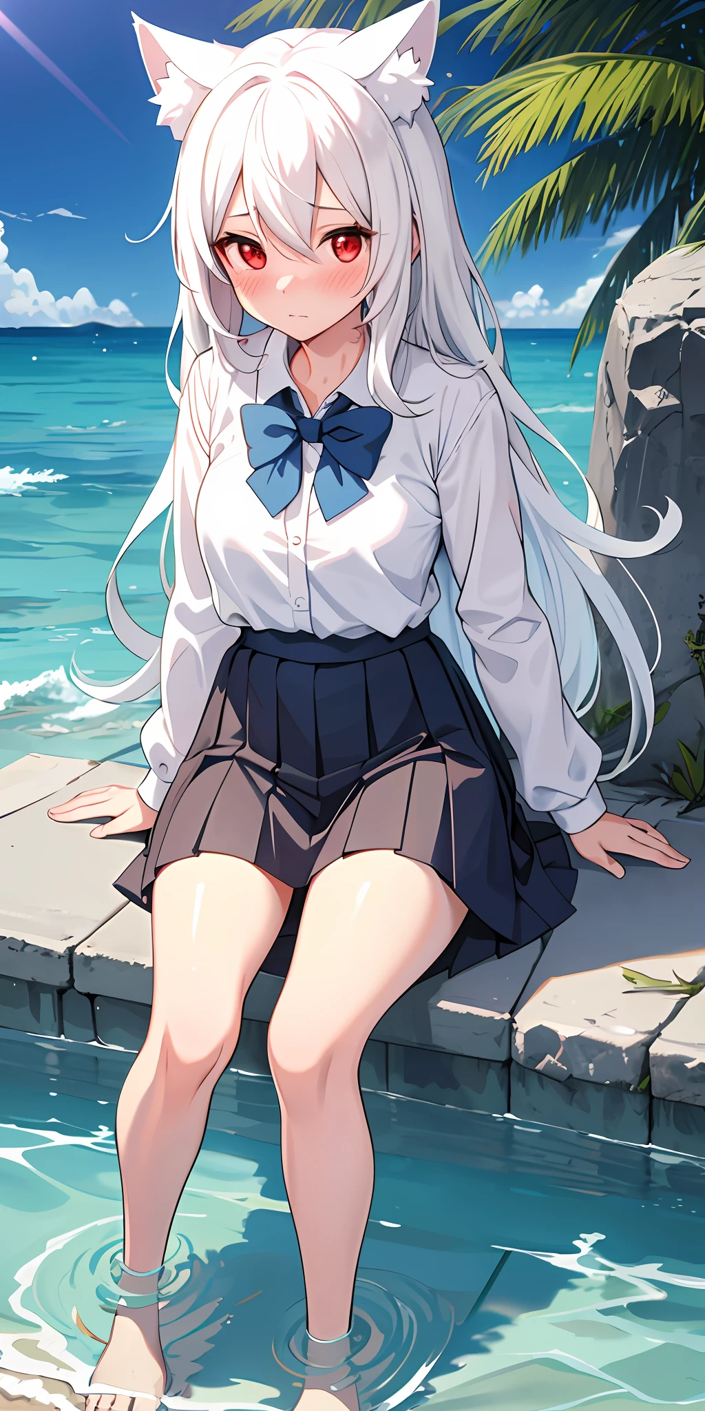 Anime girl with white hair and cat ears, red eyes, shy blush, wet school uniform, transparent cloth, water, seaside, beach, sunny