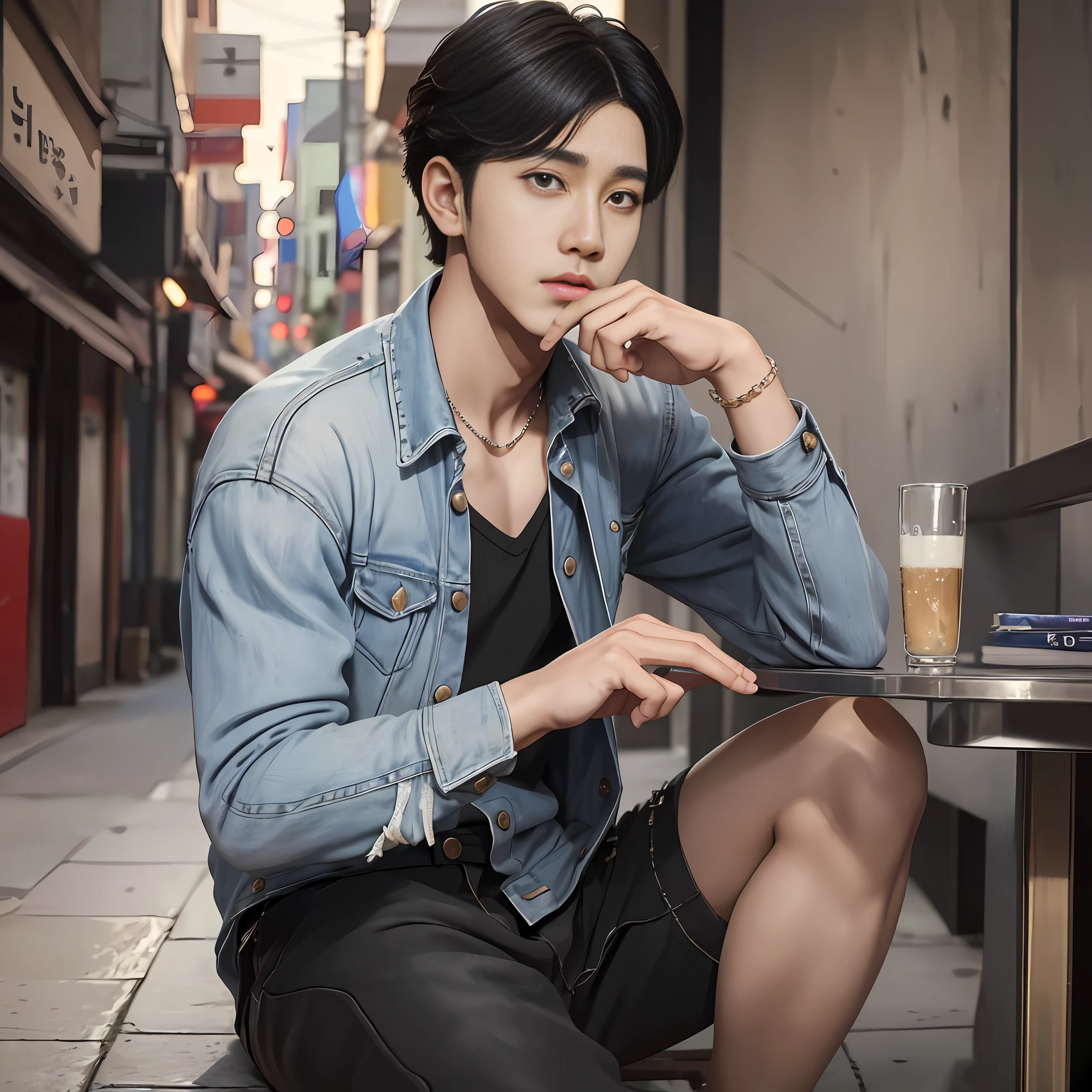 Masterpiece, best quality, (realistic, very detailed), ((a beautiful boy inspired by Korean pop idol J-HOPE!!!!!!!)), handsome face, short black hair, simple casual rouas, atmosphere, (realism: 1.5), 8k