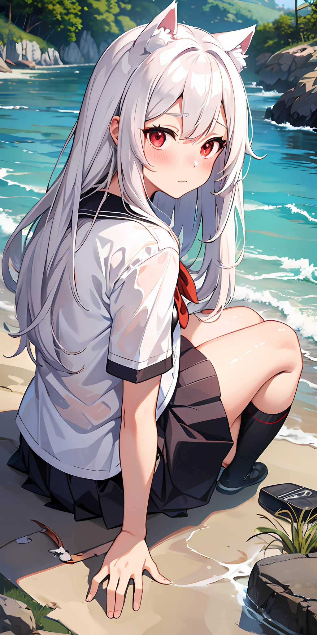 Anime girl with white hair and cat ears, red eyes, shy blush, wet school uniform, transparent cloth, water, seaside, beach, sunny