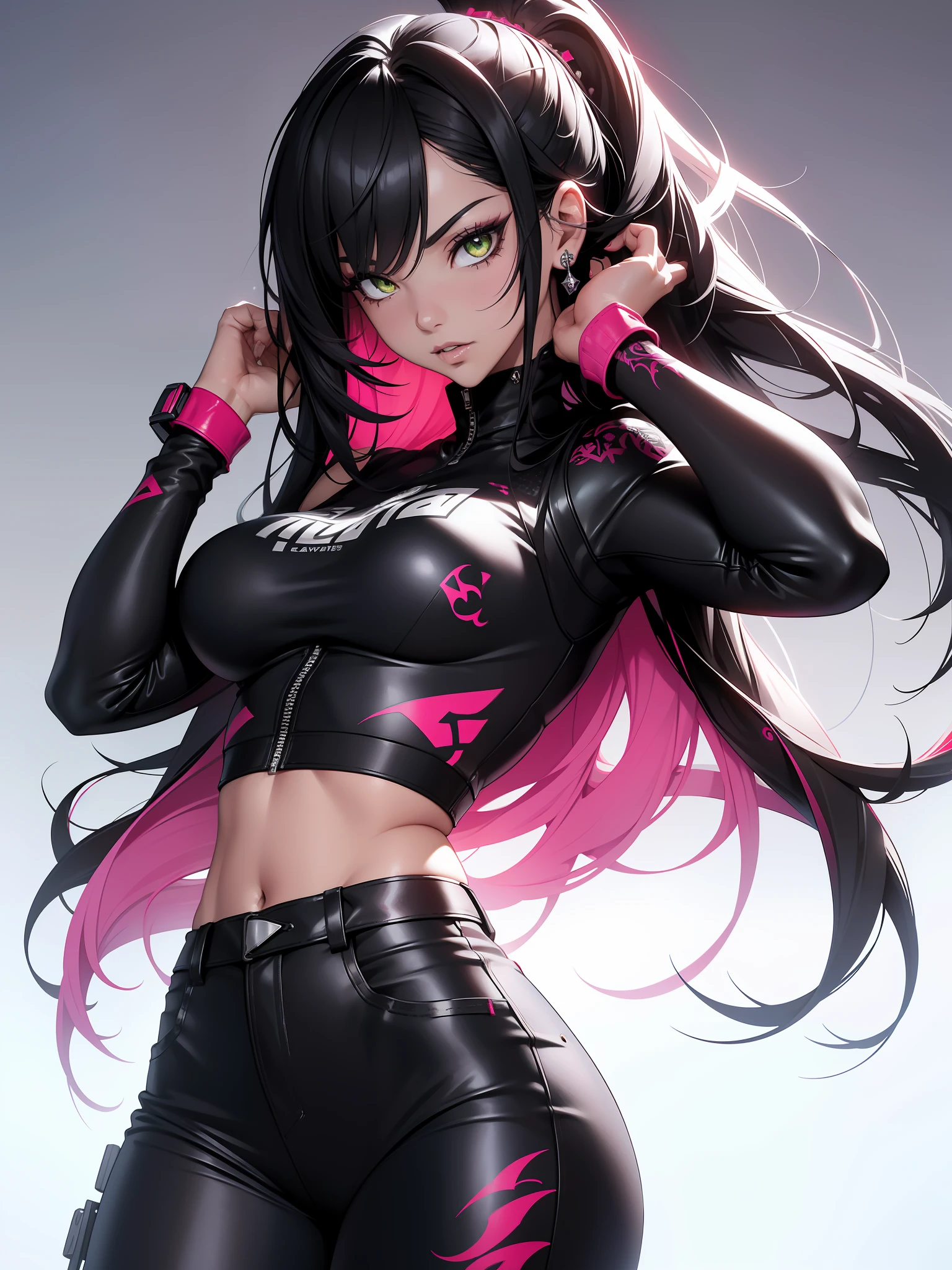 background, mixed-language_text, Japanese letters in graffit, ashley alexiss beautiful woman, long black hair, excellent lighting, sidelighting, perfect ultimate (flat color pink bubblegum gradient: 1.3), (magazine_cover: 1.4), (multicolored_background: 1.3), striped_background, card_background, :: discs with sharp and shiny blades in hand :: circular pieces of white metals glued to the ultra detailed arms coming out sparkling glow, black star design stamped in the middle of the t-shirt, perfect and detailed sculptural body, ultra detailed shirt with abstract design and with Japanese letter print in grafit of the sides of the clothing, worn jeans, big breast, with immersive effects, hover effect, background graffiti style flowers with flowers and vibrant colors, "ultra" hdr detailed and with focus effect, (masterpiece: 1.2, best quality), (beautiful emerald yellow eyes with huge finely detailed eyelashes: 1.2), , ((Solo)), (Finely detailed eyes and detailed face:1.3),beautiful ultra-detailed eyes, lineart light smile, graffiti and tattoo style backdrop, woman, alone. midriff, skintight bodysuit with detailed tattoo-style print, ultra-detailed red gradient leather jacket, hot thighs, black skintight pants with ultra-detailed white and pink detailing, large breasts, ultra-detailed bracelets on arms, , bracelet on right arm with ultra bright red energy