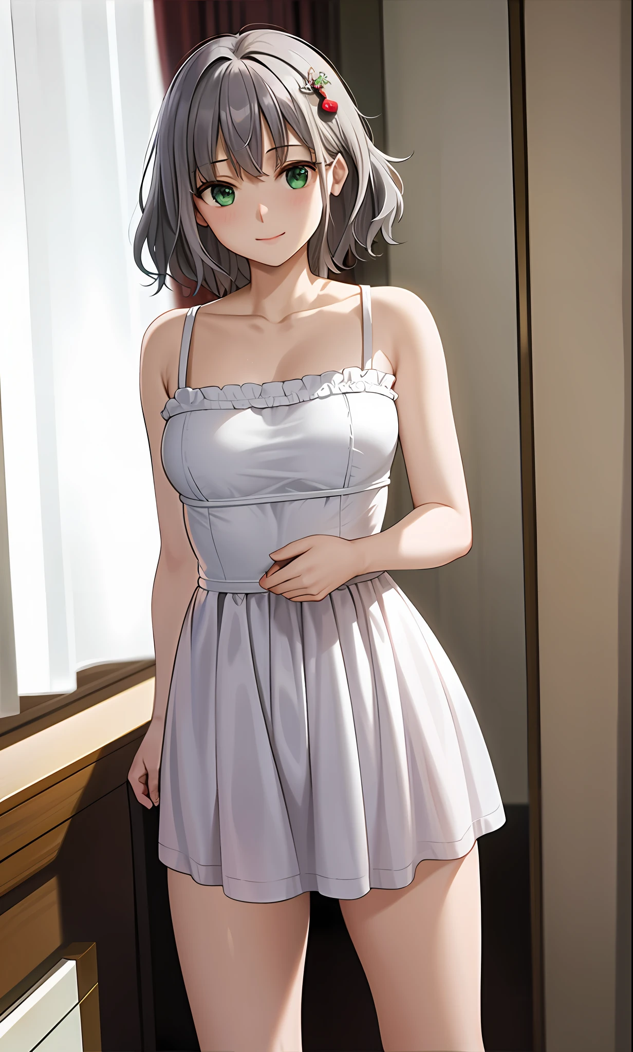 Top quality, (Masterpiece: 1.2), Very detailed, Own room, 1 girl, Solo, (muse), smile, watch the viewer, gray hair, circle of angels, short hair, hair ornament, green eyes, light in the eyes, white underwear, in the middle of dressing, realistic, from the knees up, glowing skin, fair skin, (medium breasts) ultra-realistic, realistic, photorealistic, portrait, blur,