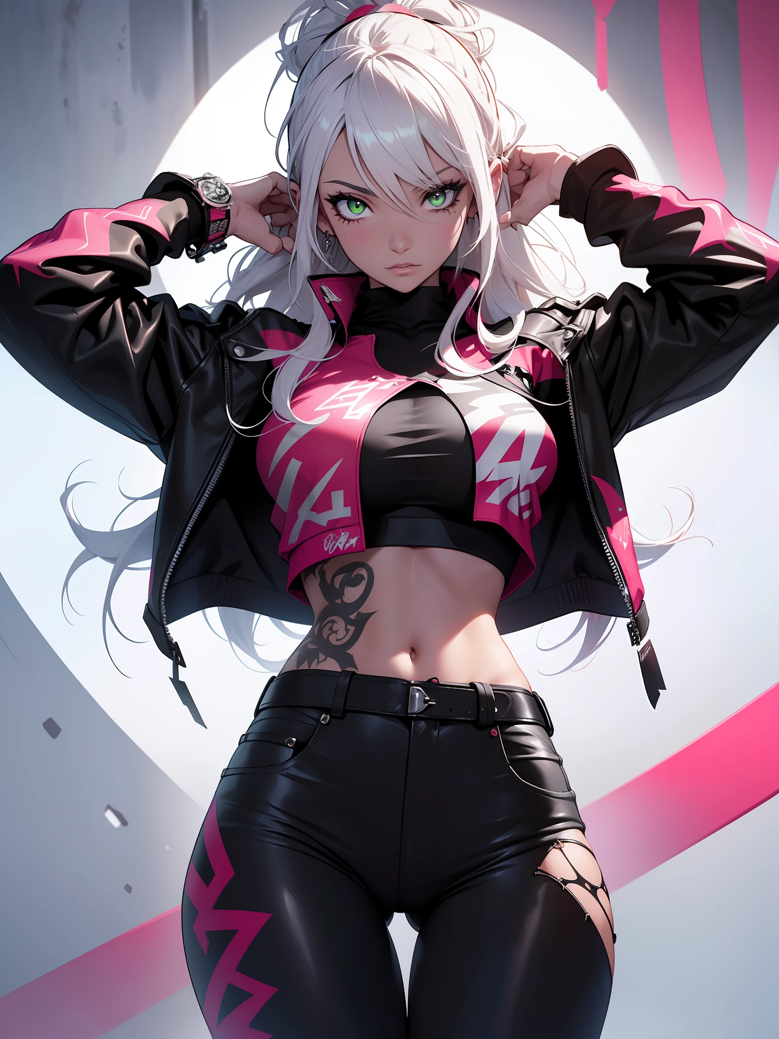 background, mixed-language_text, Japanese letters in graffit, ashley alexiss beautiful woman, long black hair, excellent lighting, sidelighting, perfect ultimate (flat color pink bubblegum gradient: 1.3), (magazine_cover: 1.4), (multicolored_background: 1.3), striped_background, card_background, :: discs with sharp and shiny blades in hand :: circular pieces of white metals glued to the ultra detailed arms coming out sparkling glow, black star design stamped in the middle of the t-shirt, perfect and detailed sculptural body, ultra detailed shirt with abstract design and with Japanese letter print in grafit of the sides of the clothing, worn jeans, big breast, with immersive effects, hover effect, background graffiti style flowers with flowers and vibrant colors, "ultra" hdr detailed and with focus effect, (masterpiece: 1.2, best quality), (beautiful emerald yellow eyes with huge finely detailed eyelashes: 1.2), , ((Solo)), (Finely detailed eyes and detailed face:1.3),beautiful ultra-detailed eyes, lineart light smile, graffiti and tattoo style backdrop, woman, alone. midriff, skintight bodysuit with detailed tattoo-style print, ultra-detailed red gradient leather jacket, hot thighs, black skintight pants with ultra-detailed white and pink detailing, large breasts, ultra-detailed bracelets on arms, , bracelet on right arm with ultra bright red energy