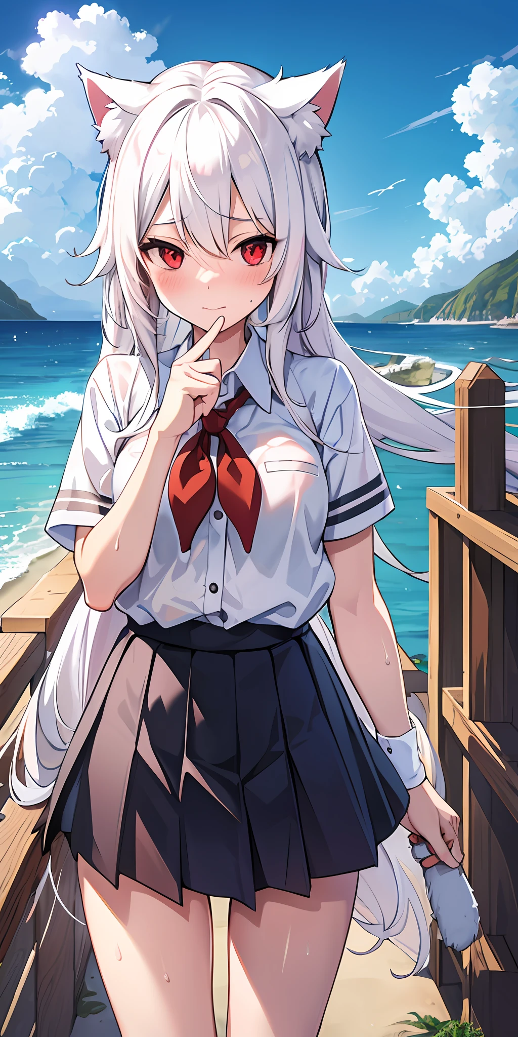 Anime girl with white hair and cat ears, red eyes, shy blush, wet school uniform, transparent cloth, water, seaside, beach, sunny