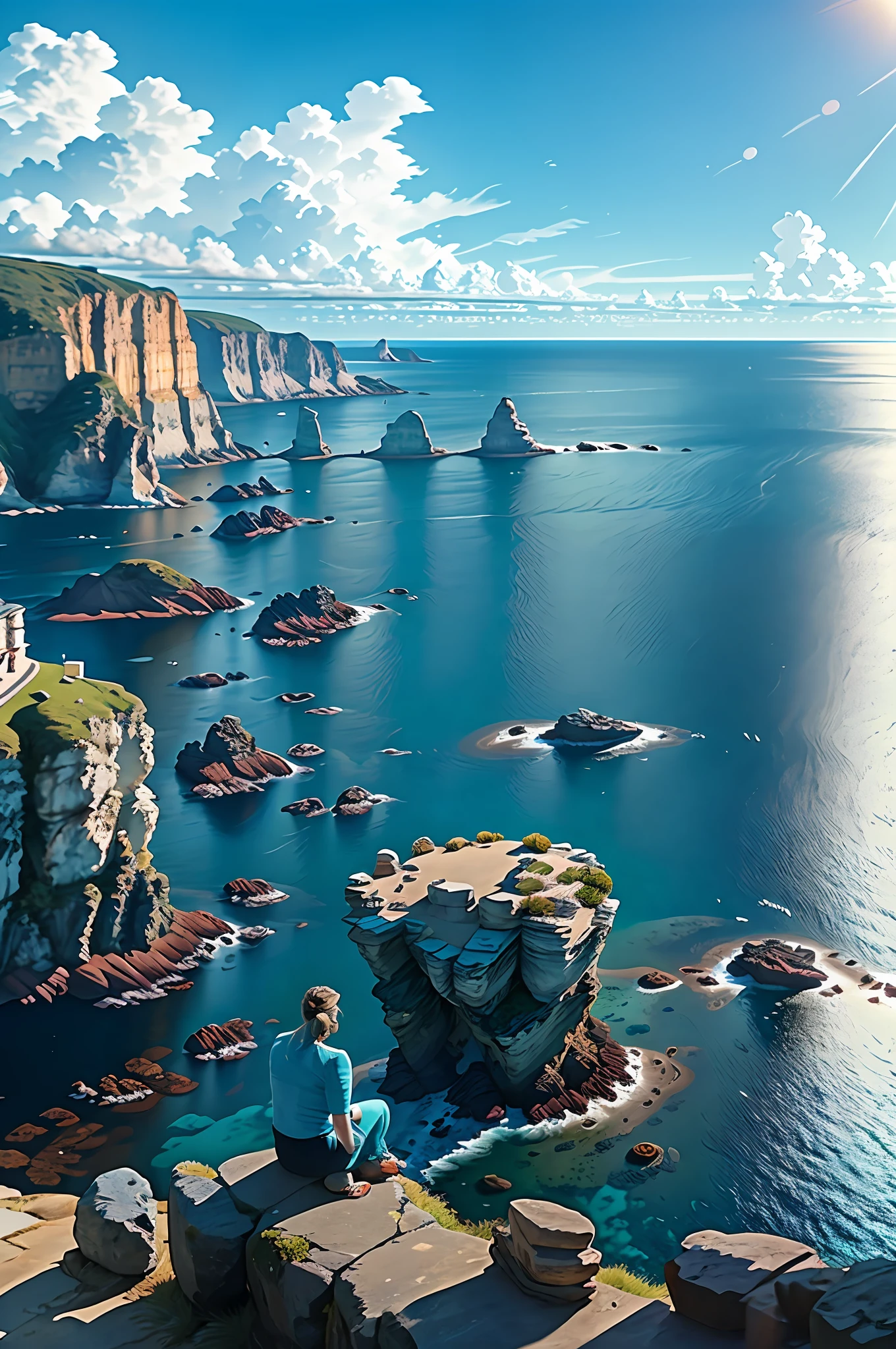 There is a woman in a swimsuit sitting on a cliff overlooking the sea, Max Reeve, sea cliff view, breathtaking view, Alexander Kucharsky, Etienne Delessart, Alexei Egorov, breathtaking landscapes, magnificent matte paintings of the island, magnificent scenery shots, magnificent and stunning, sea scene on the cliff side, amazing scenery in the background, breathtaking shots, Amazing scenery