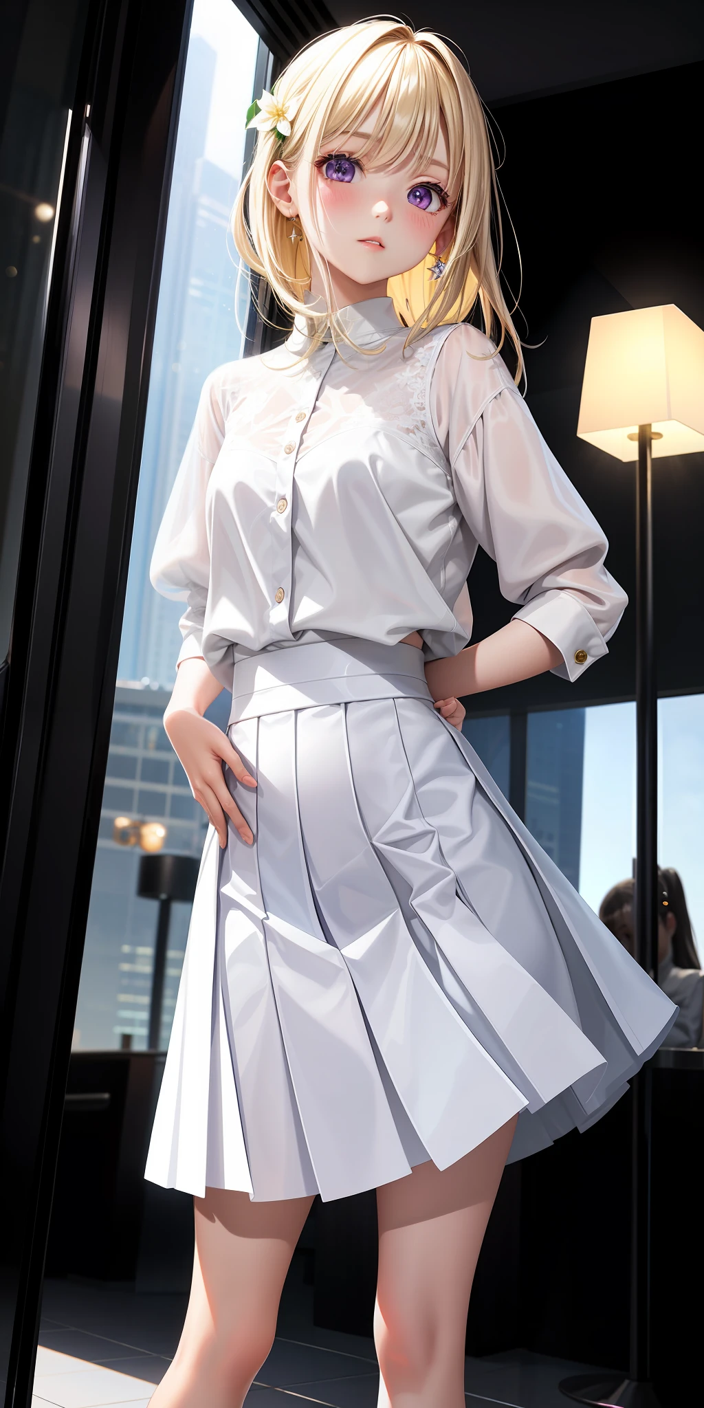 reality, girl alone, blonde, petite, purple eyes, shiny eyes, skirt, parted lips, shyness, blush, night, flower, sun, sunlight, white skirt, short skirt, medium length hair, reality, warm color, white short skirt, white clothes, light background color, day environment, 7 star hotel lobby in Dubai