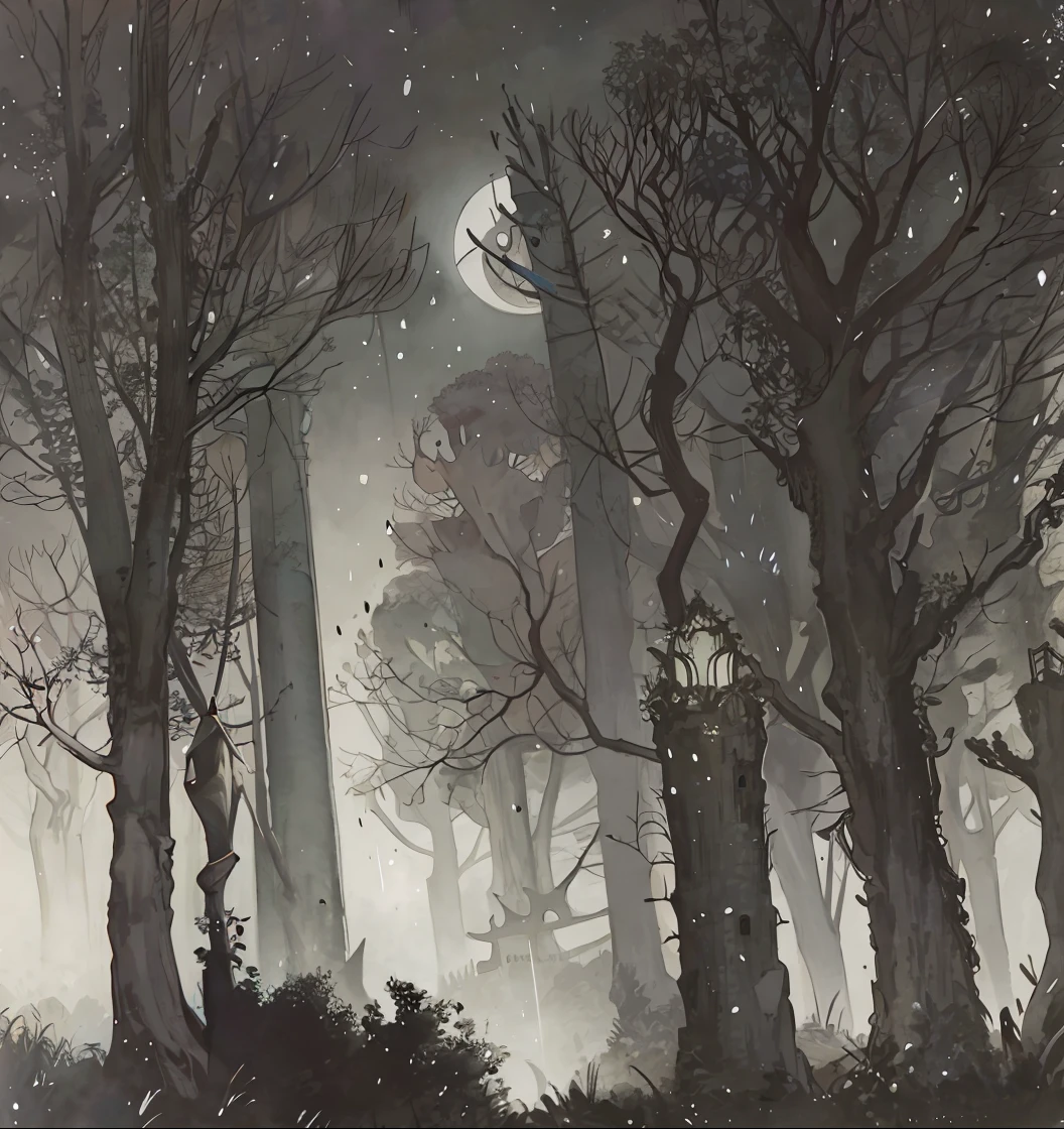 A watercolor painting. There is a moon in the sky, on a dark night. Low light, no glares. Just a natural night. There is a dense forest and a light rain falling. Dark, dark, gothic, gothic
