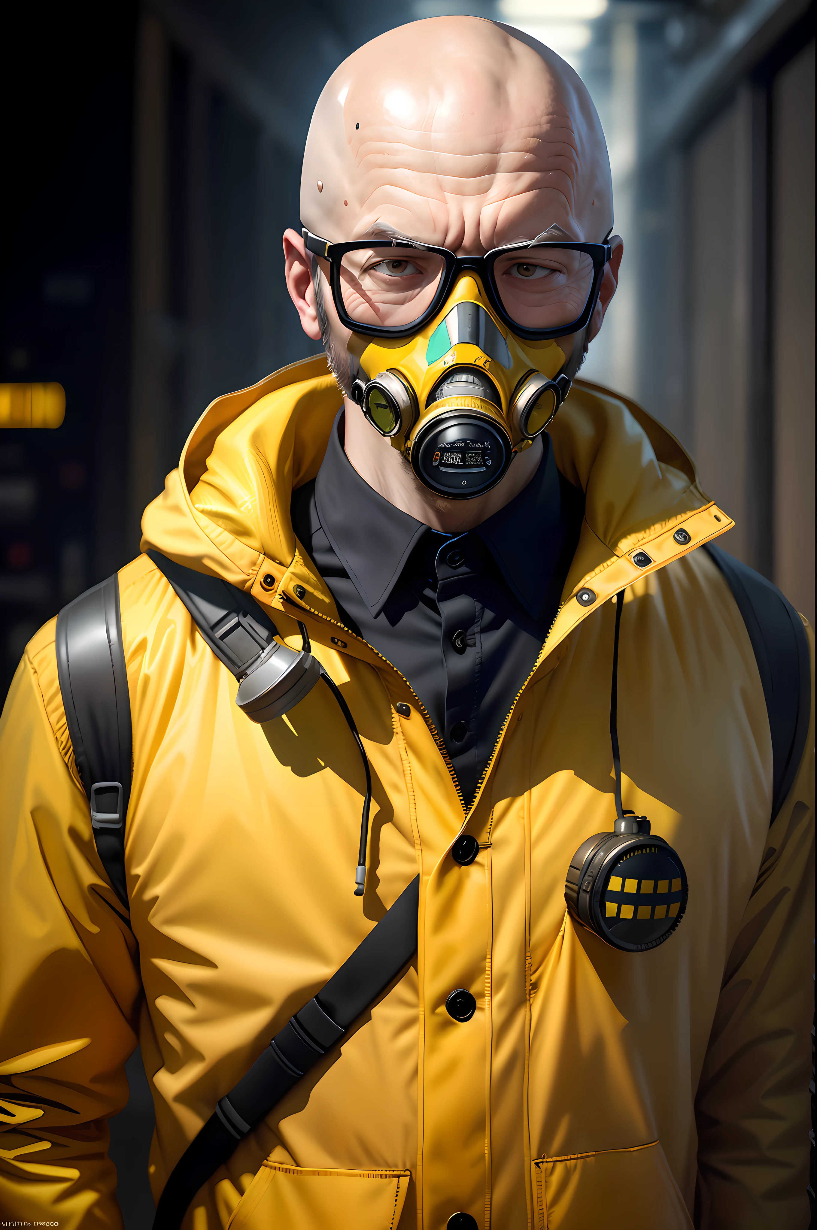A stunning intricate full colour upper body photo of man wearing glasses, (wearing a yellow lab coat and a gas mask on the head), bald,
epic character composition,
by ilya kuvshinov, alessio albi, nina masic,
sharp focus, natural lighting, subsurface scattering, f2, 35mm, film grain