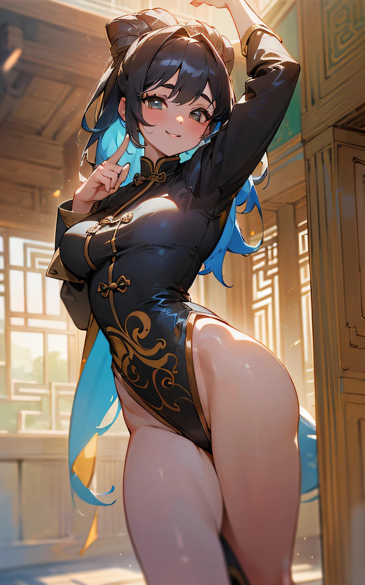 (Unity 16k wallpaper, masterpiece, best quality, ultra-detailed, extremely detailed CG, caustics, cinematic lighting, detailed, beautiful detailed eyes, nsfw: 2.0, 1girl, curby, exact finger copy), Ultra high resolution, fine skin, (cute: 1.2), (15 year old girl), ((chinese clothes: 1.2)), ((fine background writing, saturated and strong light, one leg up: 2.0, outdoors, hands up)), smile,
