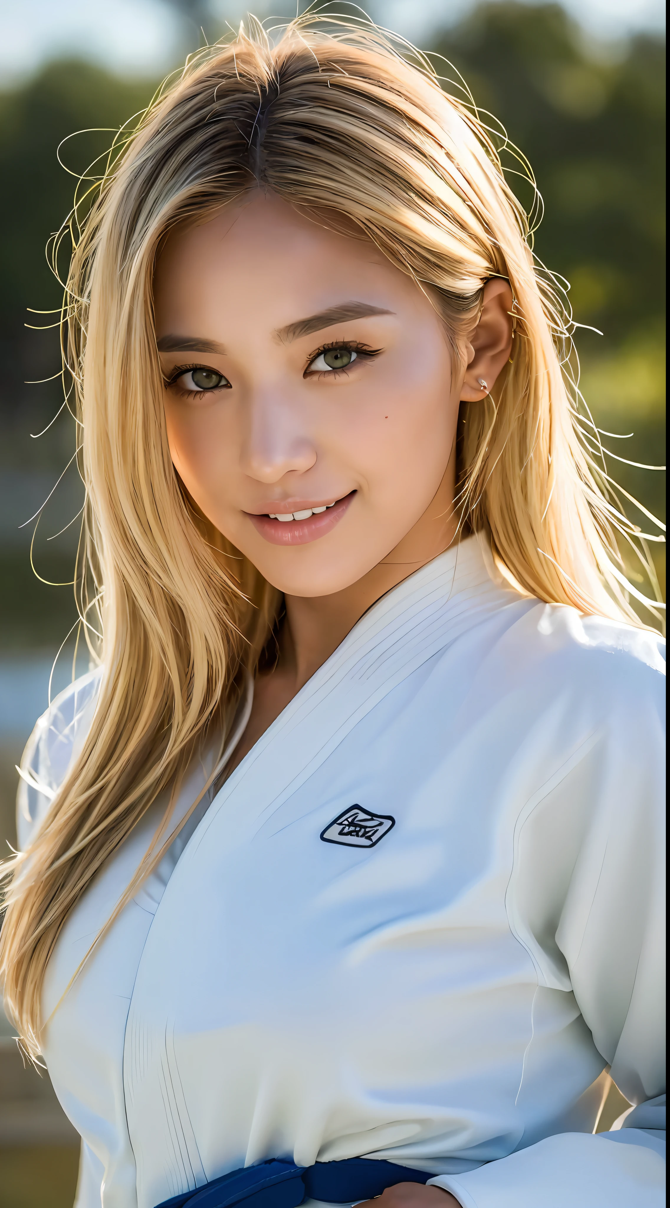 ((Top Quality, 8k, Masterpiece: 1.3)), Sharp Focus: 1.2, Women with Muscular Bodies: 1.4, Hostesses, Colored Eyes, Gorgeous Makeup, ((Tanned Skin: 1.5)), Stupid, ((Blonde: 1.4)), ((Ash Hair: 1.3)), ((Colorful Hair)), (Highlight Color)), (( Gorgeous hairstyle)), perm, arms hanging down, slim abdomen: 1.2, (((big: 1.2)), wet body: 1.1, very detailed face and skin texture, detailed eyes, double eyelids, tanned skin, tanned, sweat-wet skin, 1girl, intricate details, cinematic feeling, 8K, highly detailed, (realistic, photorealistic: 1.37), super detail, Top quality, realistic, very delicate and beautiful, RAW photos, (professional lighting)), face lighting, depth of field, monofocal, (judo)), (wearing (judogi)), ((very detailed judo belt)), ((Brazilian jiu-jitsu belt)), (wearing the official judo uniform), (long sleeve)), (wearing a t-shirt)), (muscular and healthy), small head, ((beautiful eyes) ), realistic face, real face, fine eyes, (fashionable hairstyle: 1.3), viewer, (bright Japan female)), sports, (smile: 1.15), (closed mouth), fine and beautiful eyes, (dojo: 1.3), judo athlete, healthy body, dark skin
