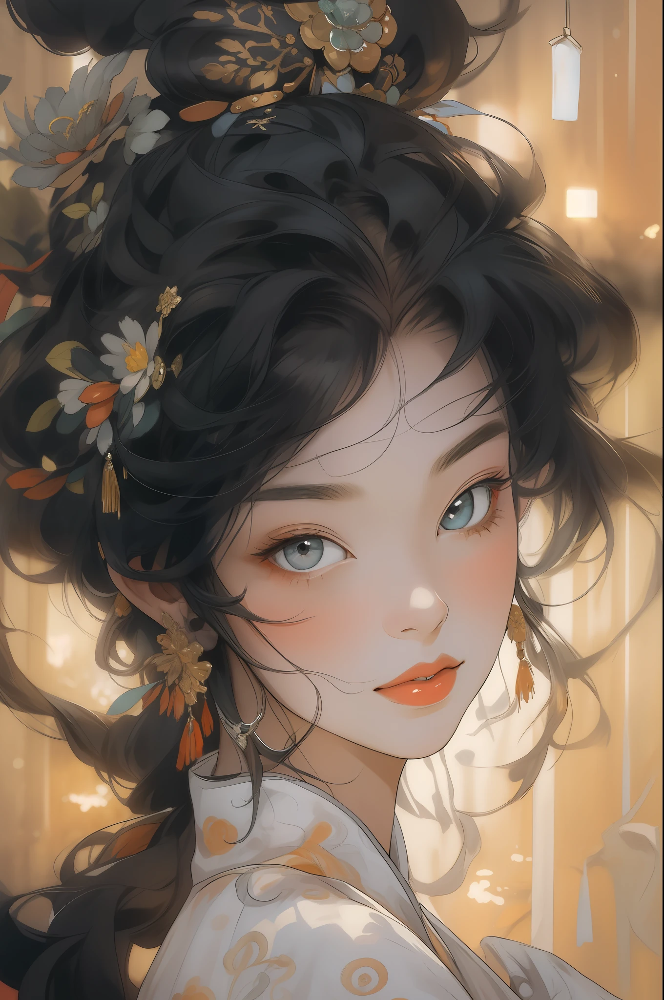 masterpiece, high quality, black_hair, 1girl, beautiful face, beautiful eyes,looking at viewer, long_hair, solo, jewelry, ancient art, Chinese,