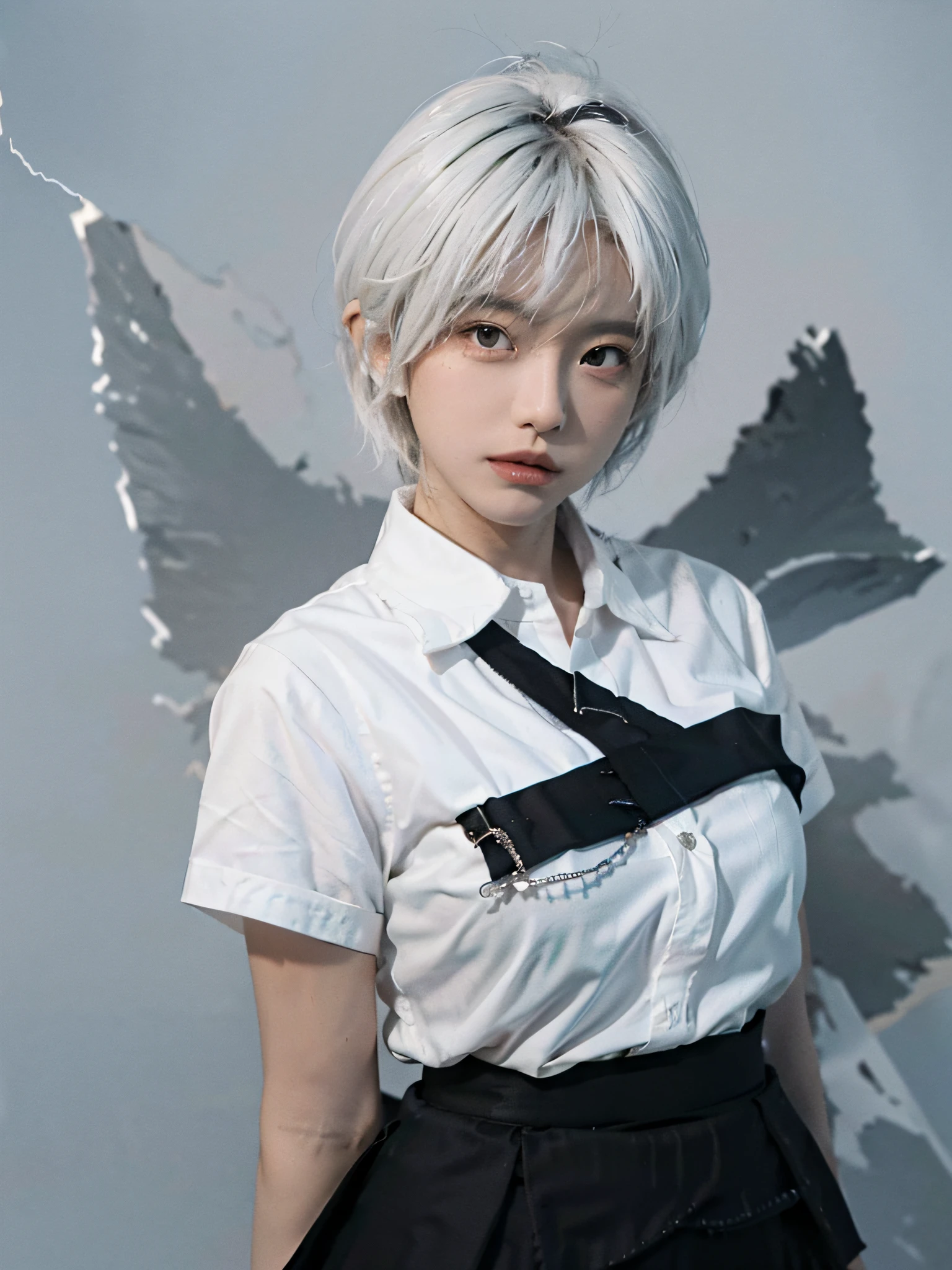 ((masterpiece, best quality)), (1girl), (solo), (female focus), (ahoge, white hair, short hair), black eyes, ((white shirt), (buttoned shirt)), ((black skirt), (short skirt)), standing, white background, 8K highest quality behind arms