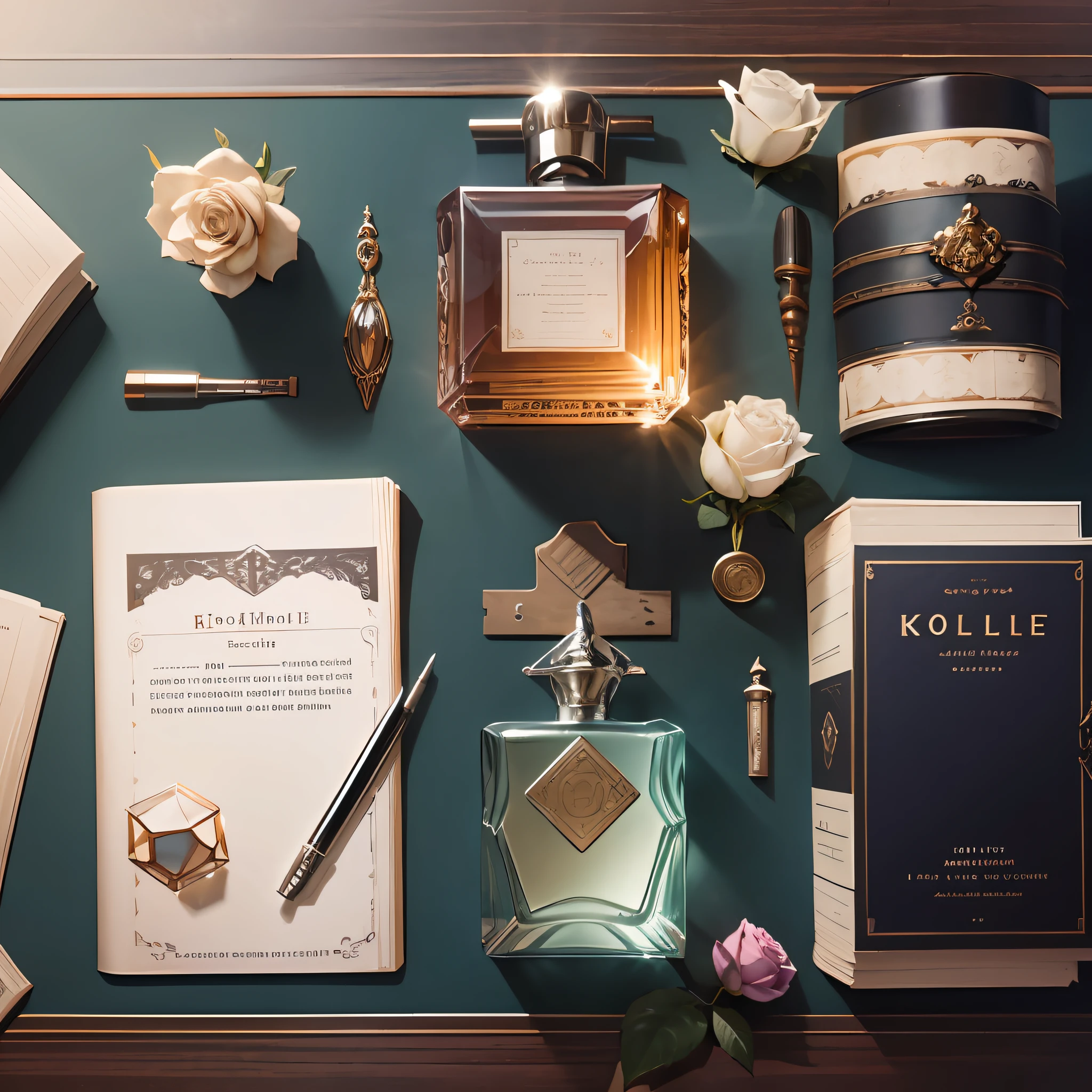 Knolling layout, Many parts, Character sheet, Highly detailed, Depth, No Figures, perfume glass bottle, white rose, book, text, magazine title --auto --s2