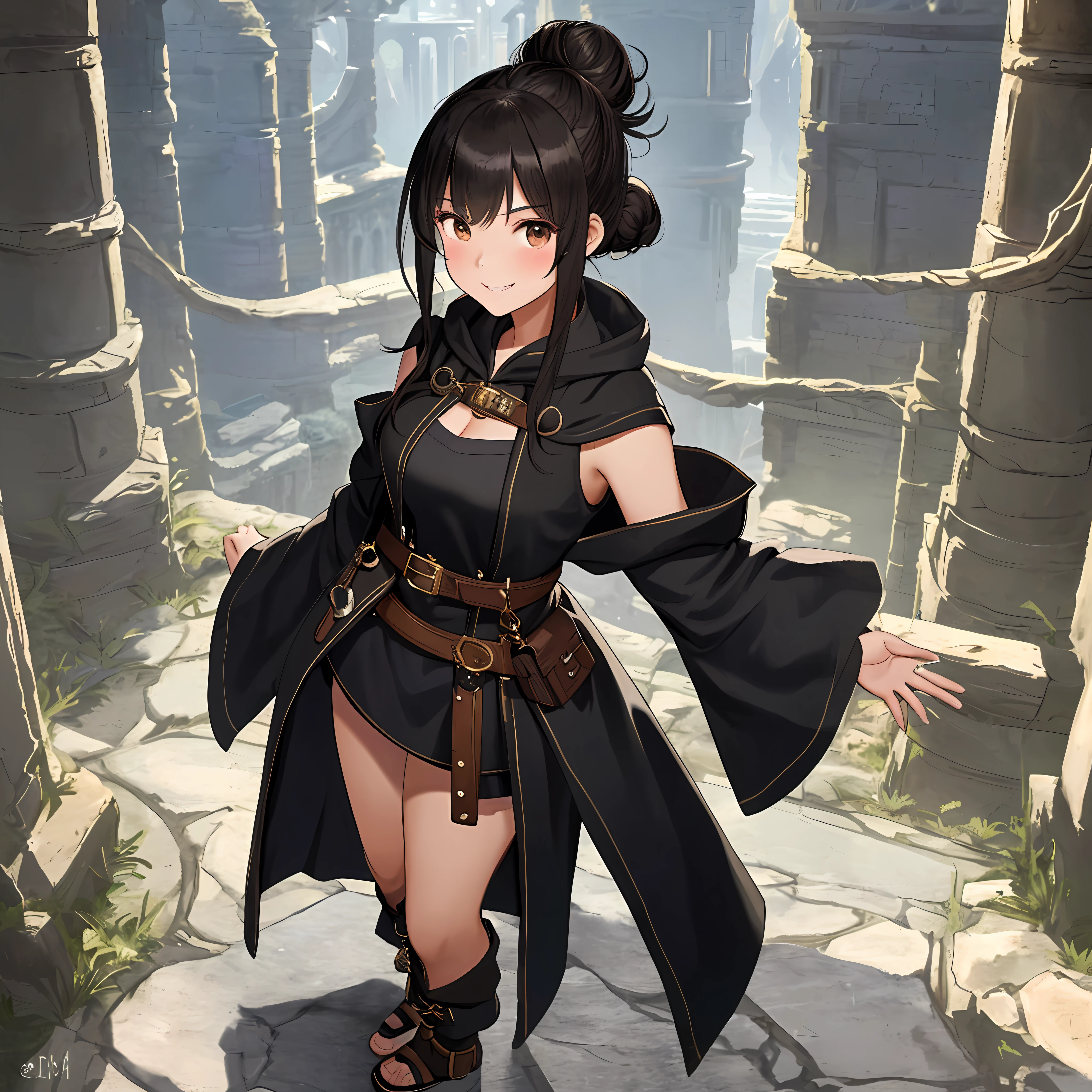 ((masterpiece,8k,highest quality:1)),(1girl,solo,standing,full body:2)) black haired, brown eyed girl. (Mage,thief,mage-thief,spellthief,eldritch trickster,arcane trickster) masterpiece,8k,highest quality:1)),((1girl)),((solo)),((standing,full body)) black haired (long hair,low-bun,messy bun,long bangs), brown eyed girl (youthful,cute face,smile,mischievous). (Mage,thief,mage-thief,spellthief,eldritch trickster,arcane trickster,adventurer). Hood down, hood, Dark robes ( shoulders, long sleeves), belt, pouches, Thigh strap, book satchel. (Slim,busty:1.3,slender,buxom)