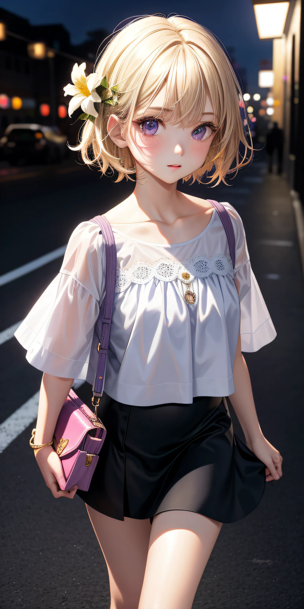 real, girl alone, blonde, very short hairstyle, short bomb, petite, purple eyes, shining eyes, cropped top, skirt, parted lips, blush, night, flower, sun, sunlight, white skirt, short skirt, medium length hair, realistic, warm color, white short dress, white clothes, light background color, daytime environment, bright color background, saudi, sea, cute,