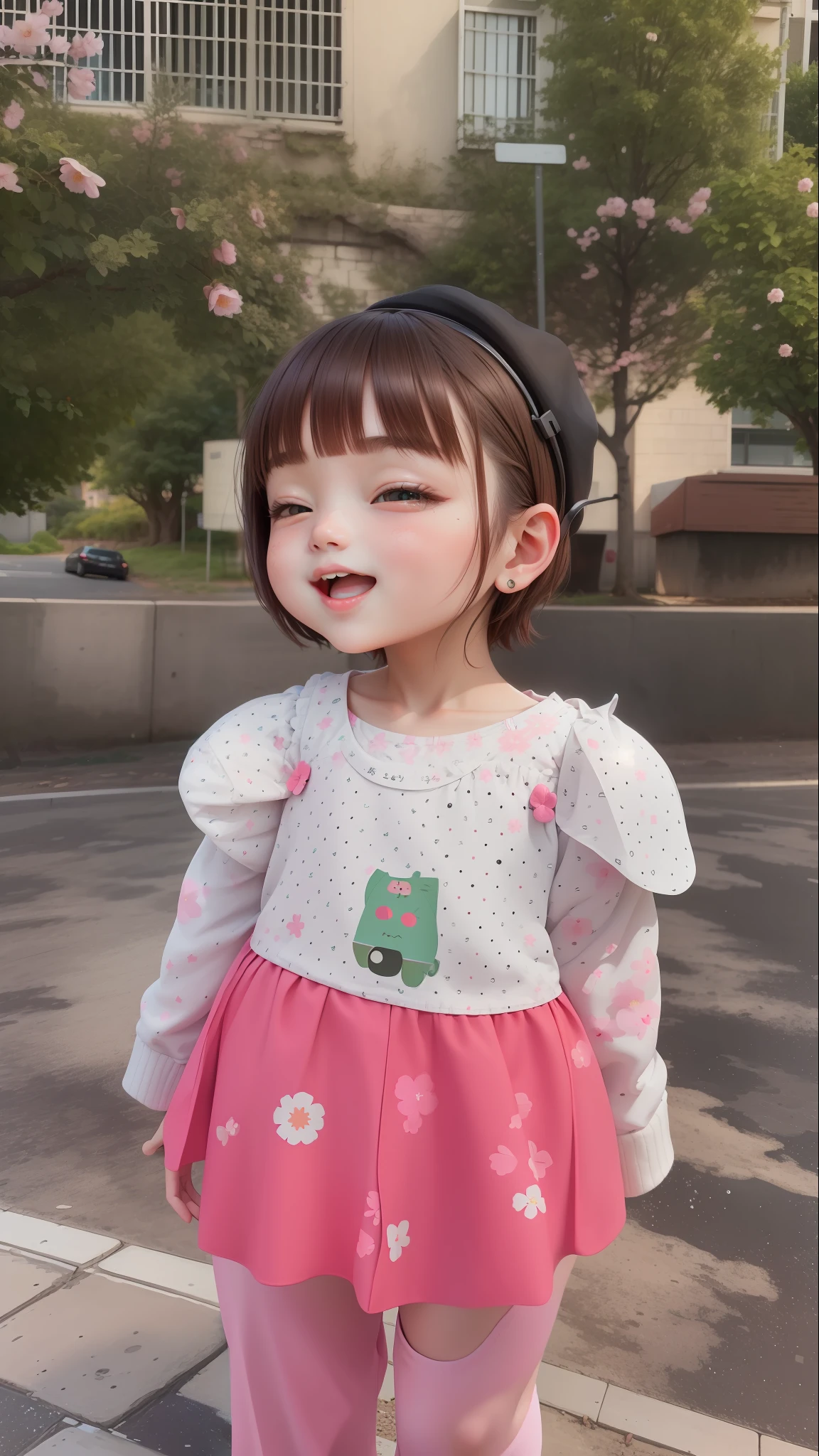 (masterpiece),(best quality),(ultra-detailed), (full body:1.2), 1girl,chibi,cute, smile, open mouth, flower, outdoors, playing guitar, music, beret, holding guitar, jacket, blush, tree, :3, shirt, short hair, cherry blossoms, green headwear, blurry, brown hair, blush stickers, long sleeves, bangs, headphones, black hair, pink flower, (beautiful detailed face), (beautiful detailed eyes),