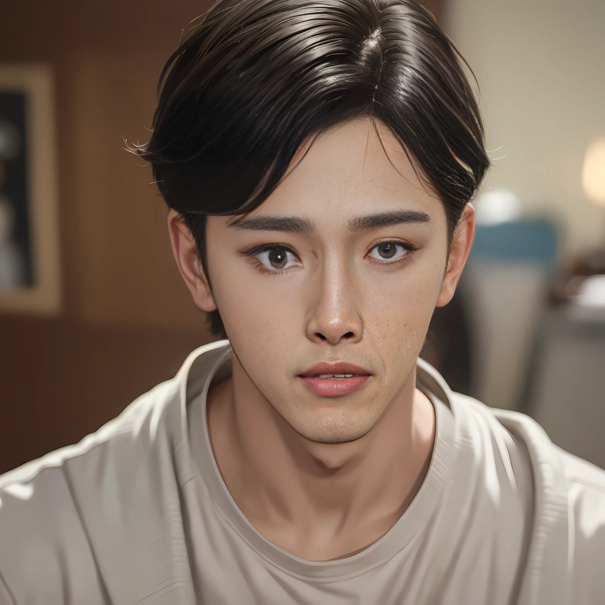 Masterpiece, best quality, (realistic, very detailed), ((a beautiful boy inspired by Korean pop idol J-HOPE!!!!!!!)), handsome face, short black hair, simple casual rouas, atmosphere, (realism: 1.5), 8k