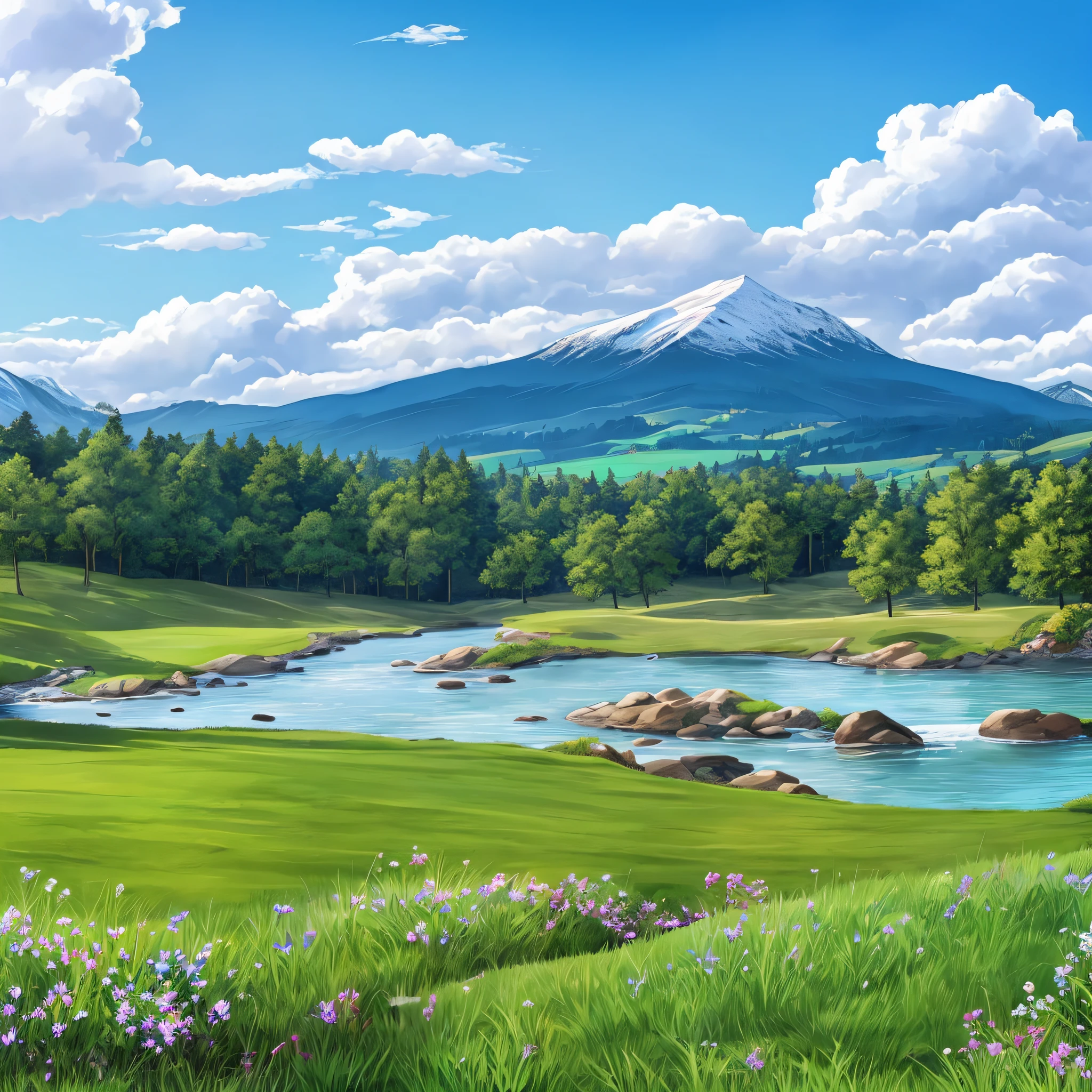 Wide lawn, stream flowing from far and near, not far away there is a forest, distant snowy mountains, blue sky and white clouds. --auto --s2