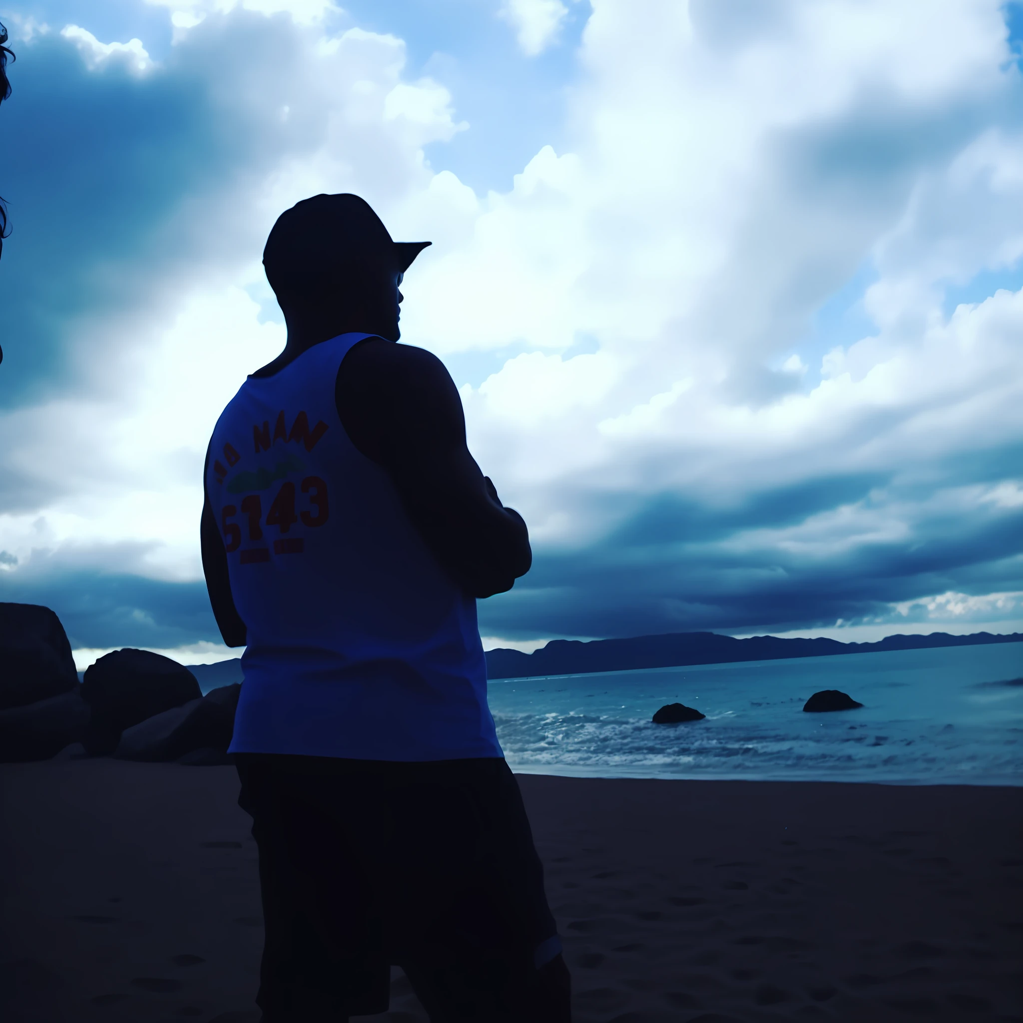 there is a man standing on the beach with his arms crossed, standing at the beach, strong silhouette, silhouette!!!, grainy footage, profile shot, posing on a beach with the ocean, standing on a beach, low quality footage, rocky foreground, shot from the back, motivational, standing beside the ocean, official music video, standing near the beach, dabbing