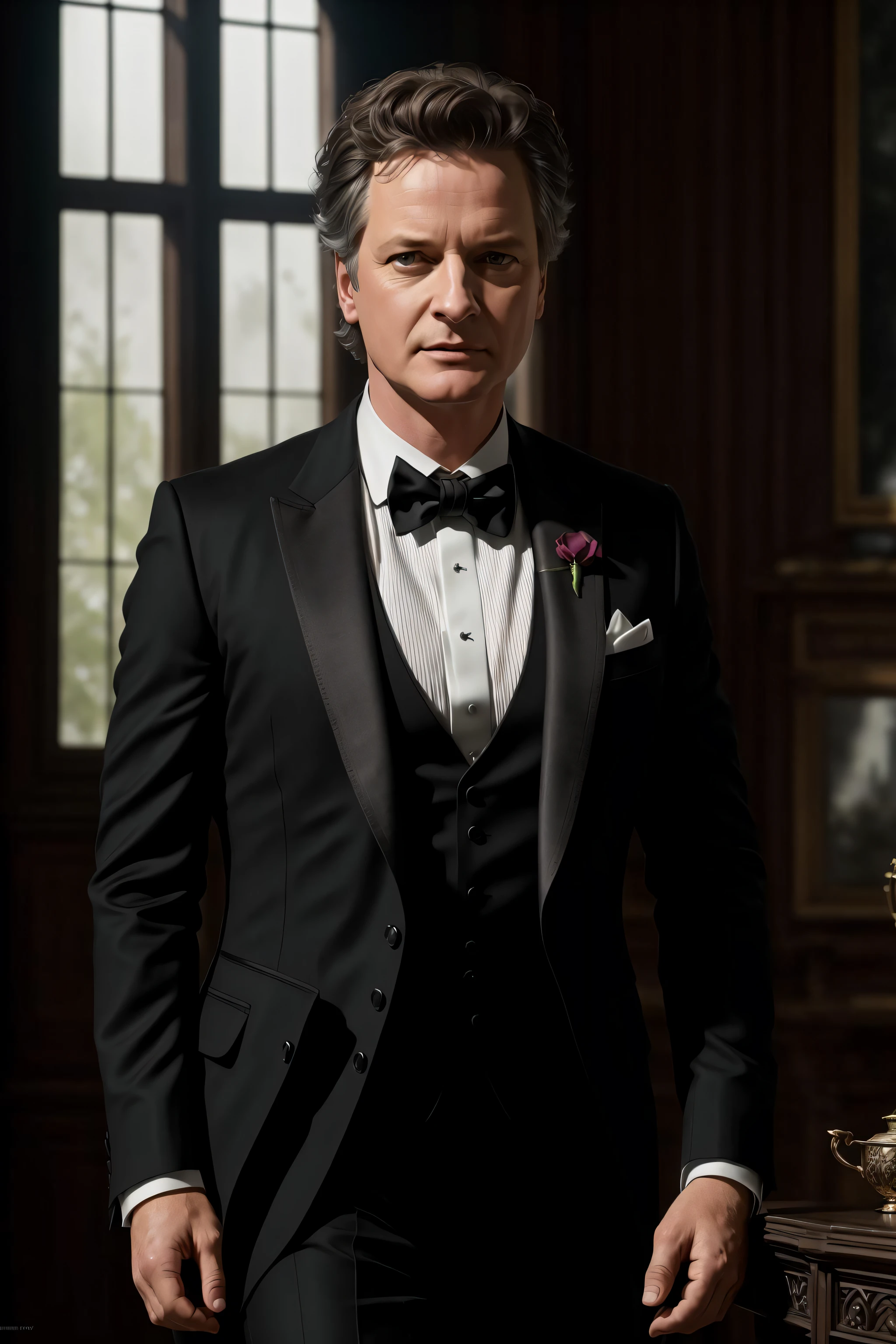 RAW photo, photography, photorealistic, (extremely detailed RAW photo 8k wallpaper), photo of the most beautiful photo of Colin Firth, dressed in a tuxedo, in a 17th century castle, nostalgia professional majestic photo by Ed Blinkey, Atey Ghailan, Studio Ghibli, by Jeremy Mann, Greg Manchess, Antonio Moro, trending on ArtStation, trending on CGSociety, Intricate, High Detail, Sharp focus, dramatic, photorealistic by midjourney and greg rutkowski