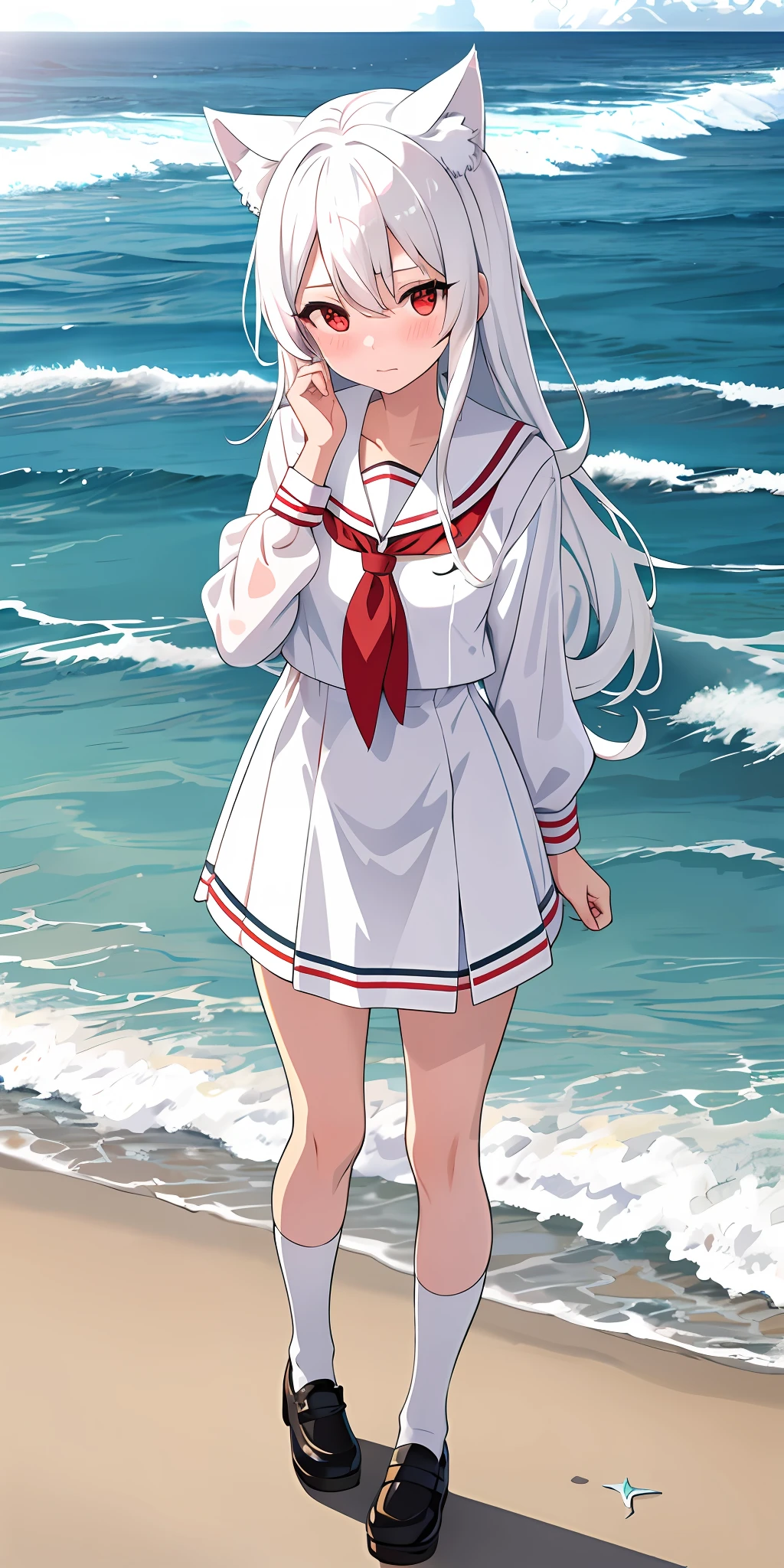 Anime girl with white hair and cat ears, red eyes, shy blush, wet school uniform, transparent cloth, water, seaside, beach, sunny