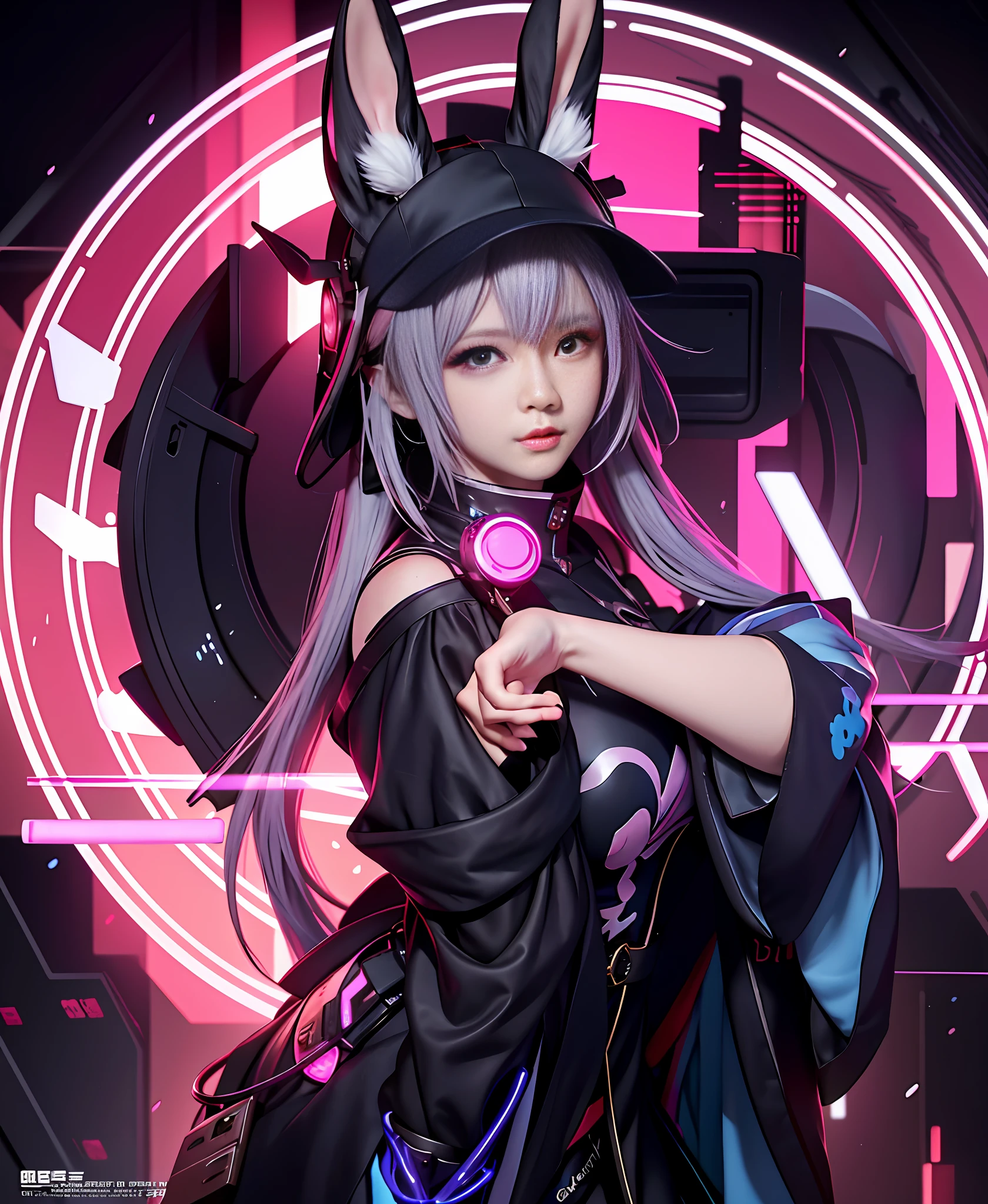 a close up of a person wearing a bunny ears hat, digital cyberpunk anime art, artwork in the style of guweiz, anime cyberpunk art, digital cyberpunk - anime art, cyberpunk anime girl mech, cyberpunk anime girl, guweiz, wlop art, female cyberpunk anime girl, dreamy cyberpunk girl, wlop |, anime cyberpunk, cyberpunk anime art