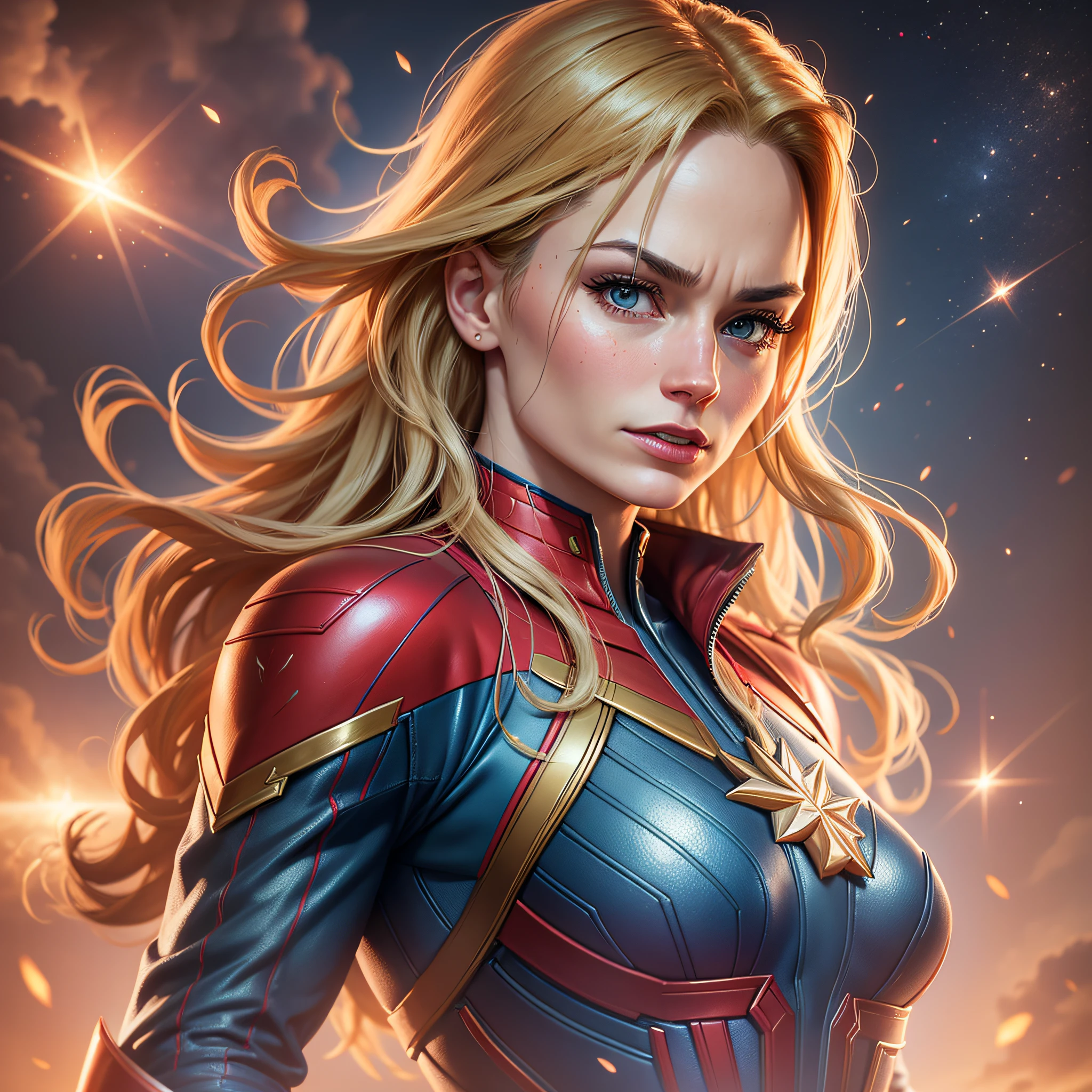 Very beautiful CaptainMarvel in love Capitan American Realistic detailed face Detailed body Highly detailed Cgi 8k resolution --auto --s2