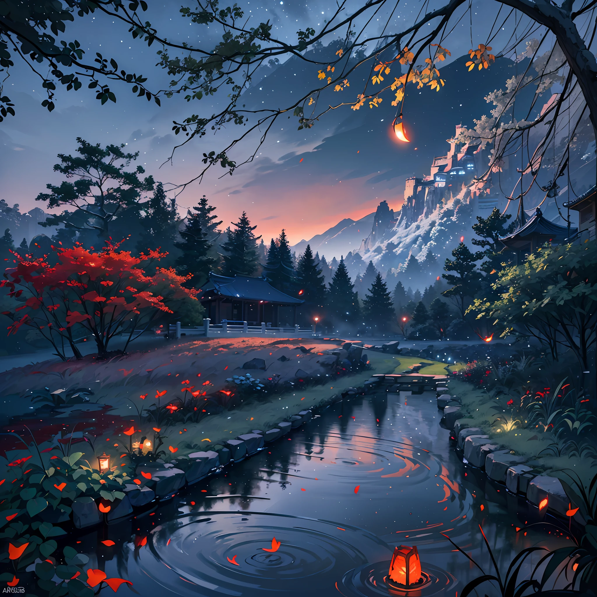 Masterpiece, best quality, (very detailed CG unity 8k wallpaper), (best quality), (best illustration), (best shadows), luminous sprite, mountain stream, (ancient Chinese architecture), stream, clear water near the lake, natural elements in a forest theme. Night Mysterious Forest, beautiful night forest, lotuses in the water, stone steps, stone bridge, night nature surrounded by night flowers, leaves and red branches surrounded by fireflies (natural elements), (night blackout), (night dark sky), (night jungle theme), (red glowing grass), (leaves), (branches), (red fireflies), (particle effects), 3D, dark background, Octane rendering, ray tracing, super detail, night, moon --auto --s2