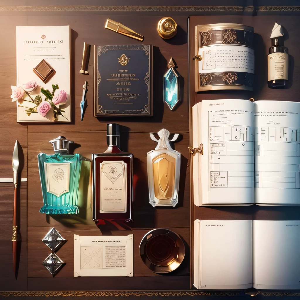 Knolling layout, Many parts, Character sheet, Highly detailed, Depth, No Figures, perfume glass bottle, white rose, book, text, magazine title --auto --s2