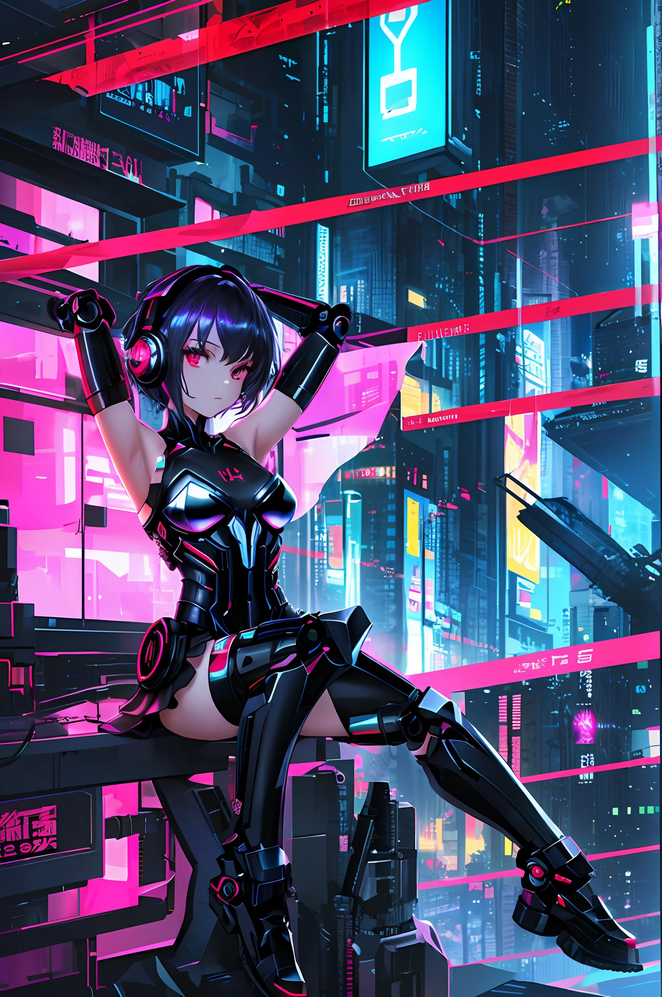 Absurdity, intricate details, highly detailed 8K wallpaper, (transcendent beautiful girl: 1.5), break, scarlet hair, short hair, (exoskeleton leotard), (red eye), break, (mechanical joints, mechanical limbs: 1.4), perfect five fingers, break, (bare shoulders and armpits), absolute area, (headphones), (black miniskirt), break, cyberpunk, dynamic angle, Neon glowing city,