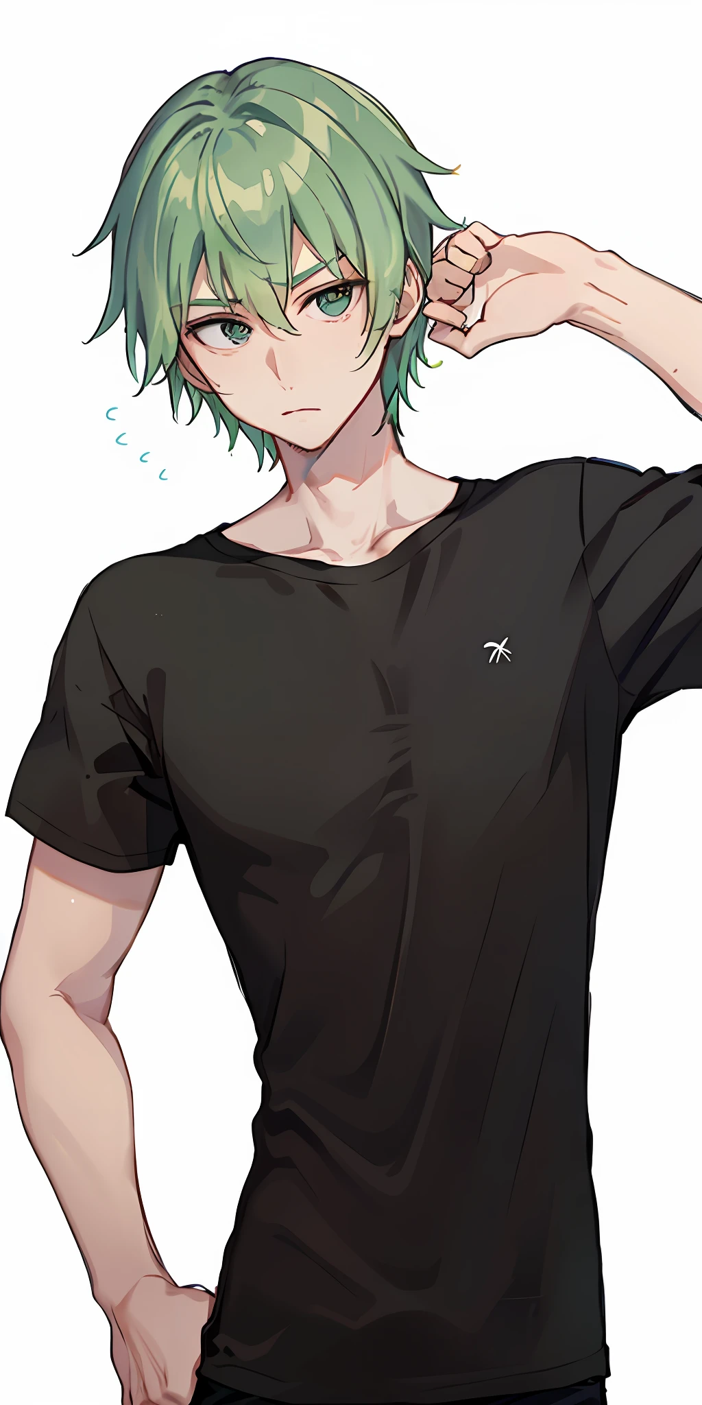 A man with green hair, expression would be and handsome, tall, wearing a black T-shirt, white background
