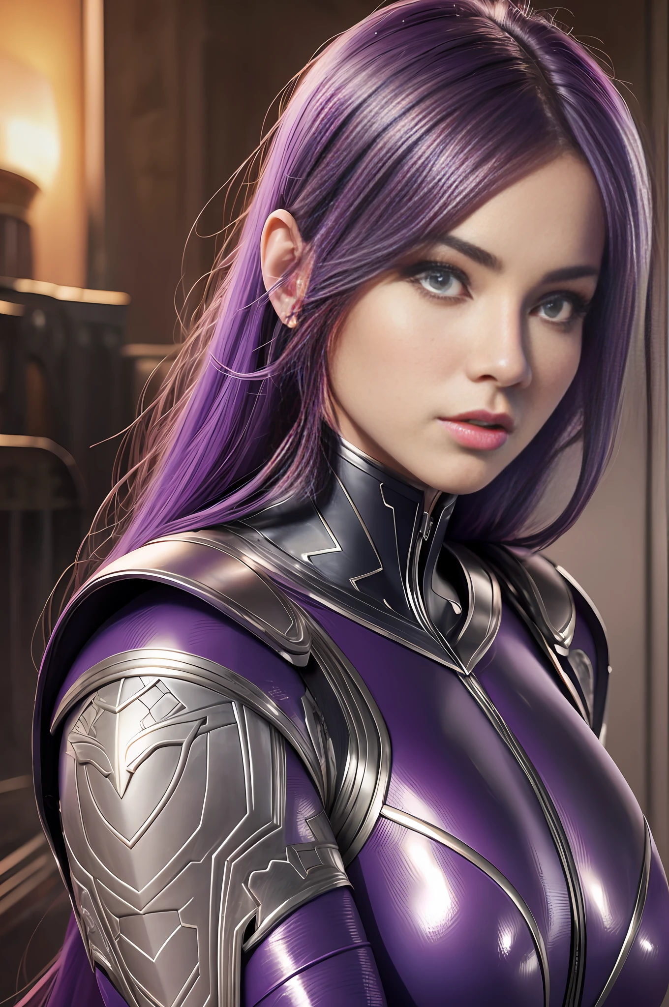 A very beautiful woman with a realistic body.  Super Hero Eggplant Women Action  Amazing Movie Highly Detailed Artwork Detailed Faces Detailed Suit Cgi 8k Resolution --auto --s2