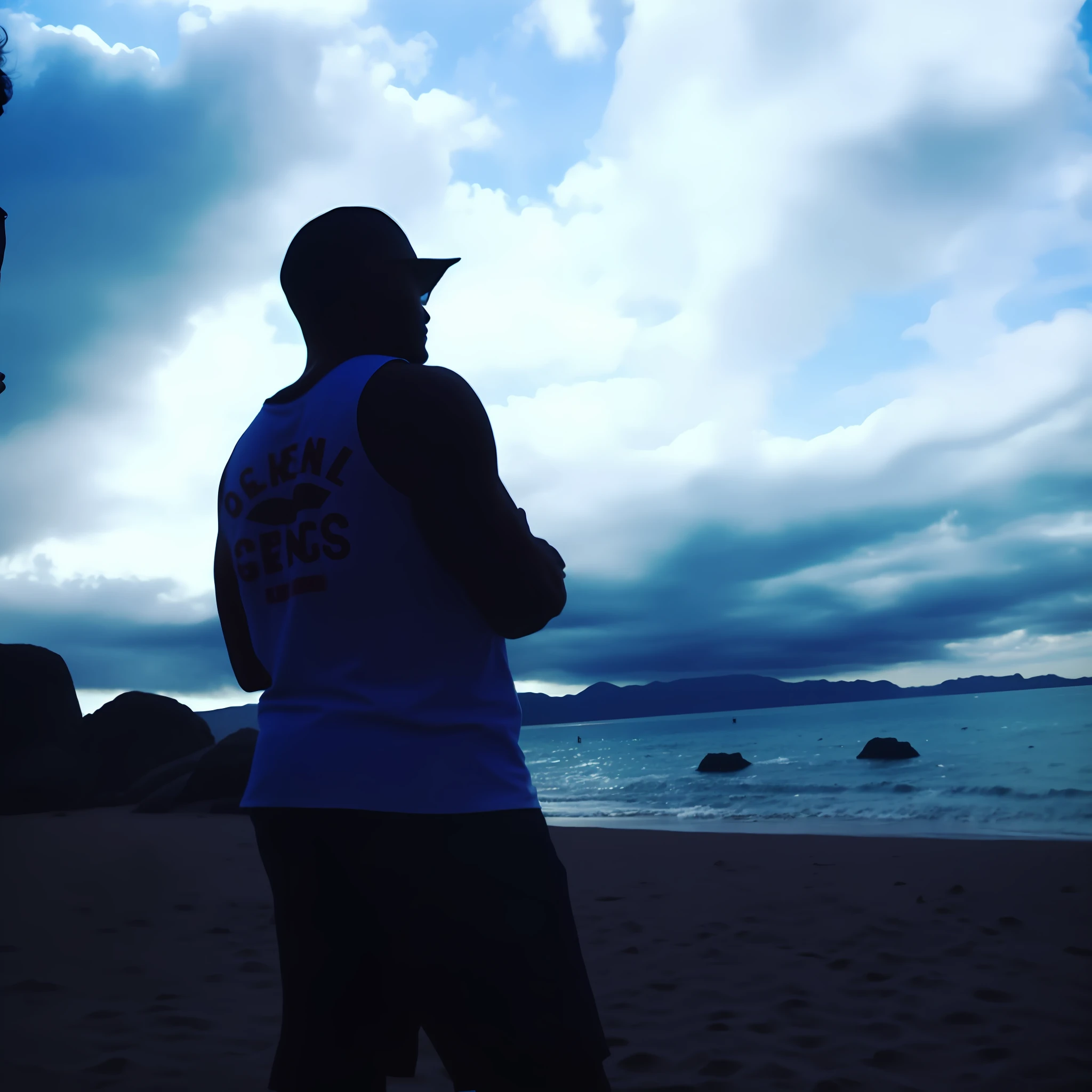 there is a man standing on the beach with his arms crossed, standing at the beach, strong silhouette, silhouette!!!, grainy footage, profile shot, posing on a beach with the ocean, standing on a beach, low quality footage, rocky foreground, shot from the back, motivational, standing beside the ocean, official music video, standing near the beach, dabbing