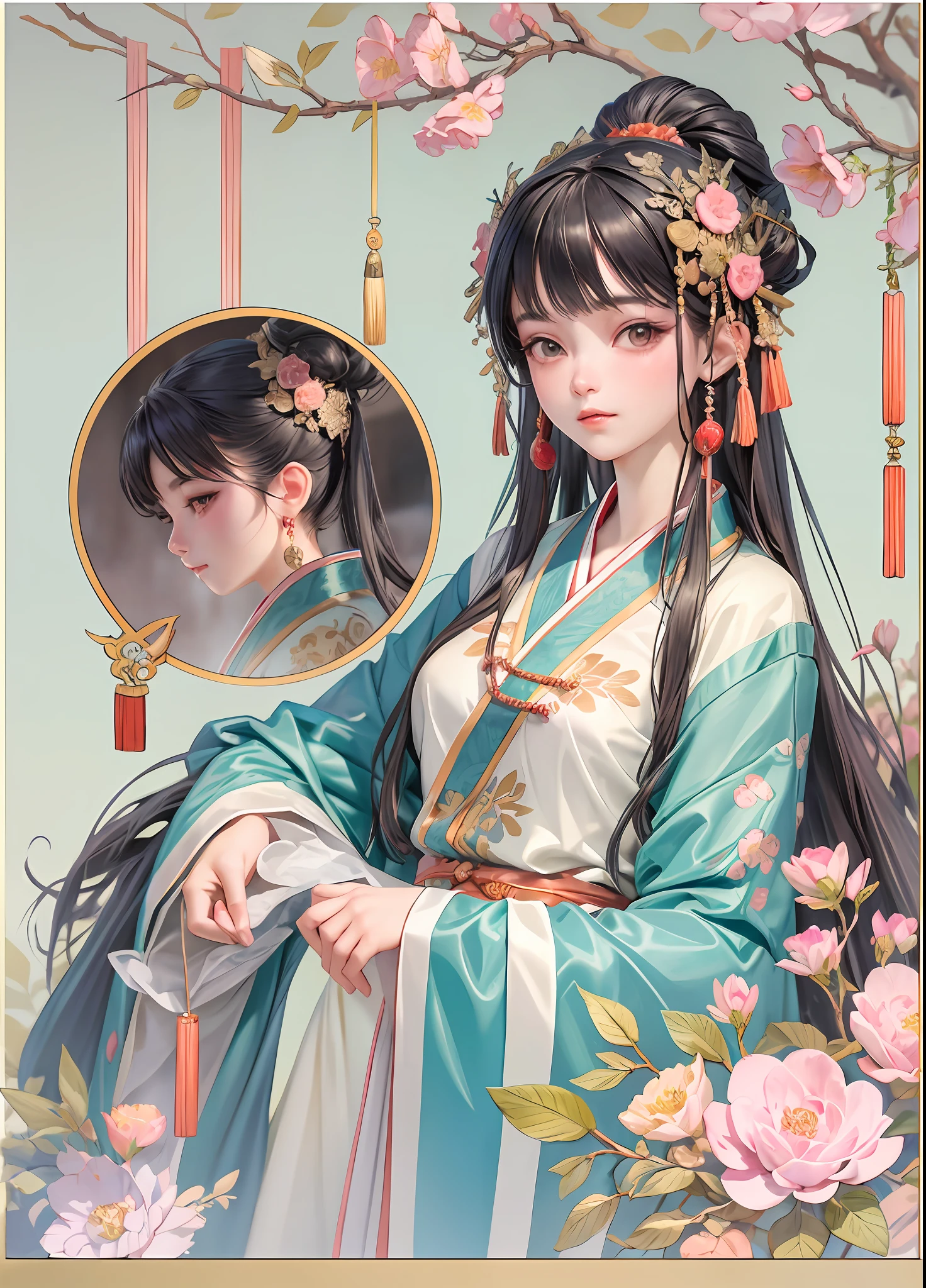 Masterpiece, best quality, official art, 8k wallpaper, very detailed, illustration, 1 girl, black hair, hanfu, ancient hair ornament, chinese screen