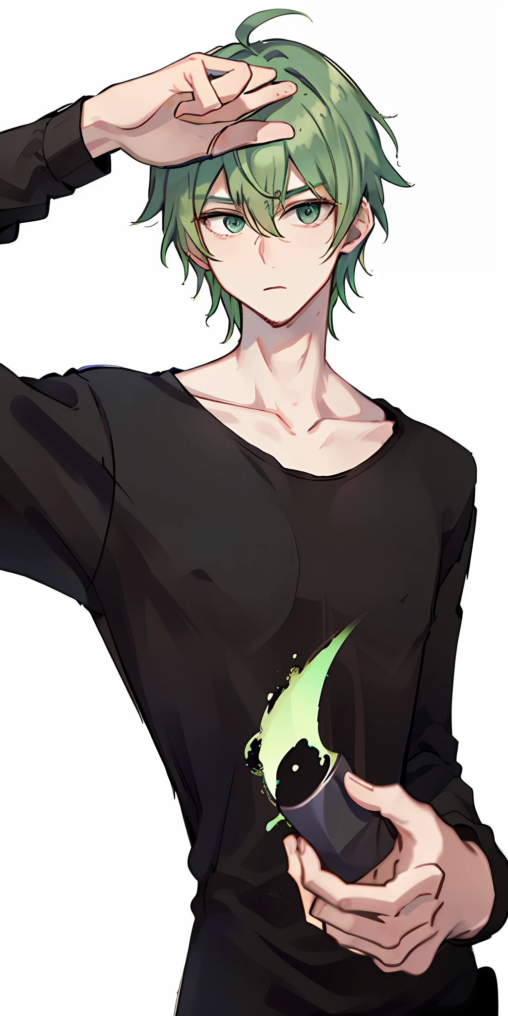 A man with green hair, expression would be and handsome, tall, wearing a black T-shirt, white background