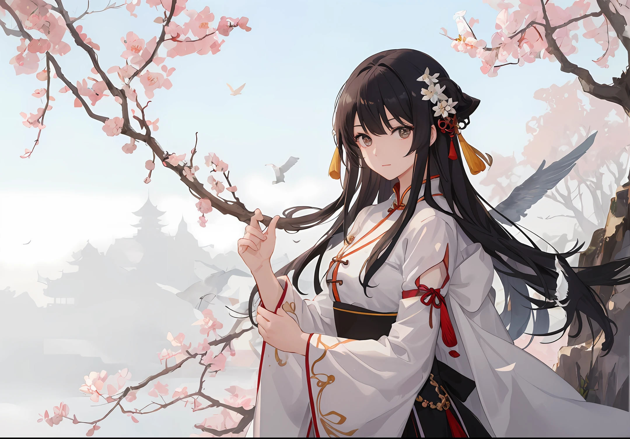 ((tachi-e)), original, (illustration: 1.1), (best quality), (masterpiece: 1.1), (extremely detailed CG unity 8k wallpaper: 1.1), (ecchi0.5), (trees: 0.5), (flower: 0.6), (bird: 0.2), (bamboo 0.1), lake, (panorama: 1.4), (whole body :1.05),(solo:1.2),(splash ink),(splash color),((watercolor)), clear sharp focus,{ 1girl },((Chinese style)),(flowers,woods),outdoors,rocks,looking viewer,make happy expressions,soft smile,pure, beautyfull detailed face and eyes, beautiful and complex clothing pattern details, black hair, black eyes, Hangzhou, Wuchangshuo, Wuchangshuo in the background, (behind the arms)), sitting,