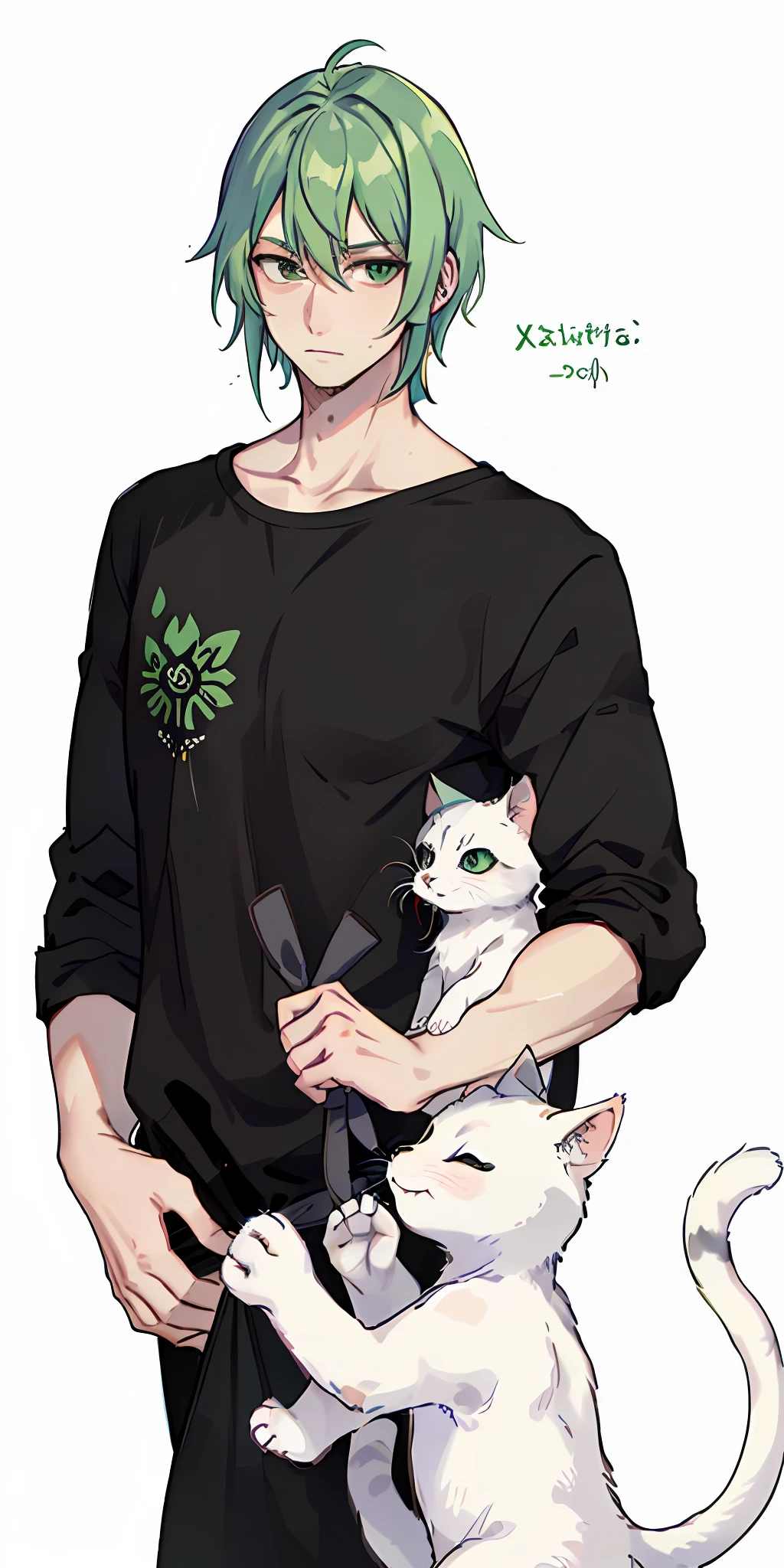 A man with green hair, expression would be and handsome, tall, wearing a black T-shirt with white kittens printed, white background