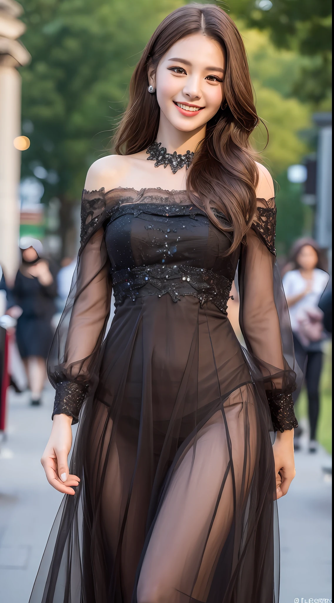 ((Best quality, 8k, Masterpiece :1.3)), 1girl, smiling, full body, slim face, Pretty woman, (Dark brown hair), full length dress :1.1, Ultra-detailed face, Detailed eyes, Double eyelid,  blur background, slim face, city, outside, street,