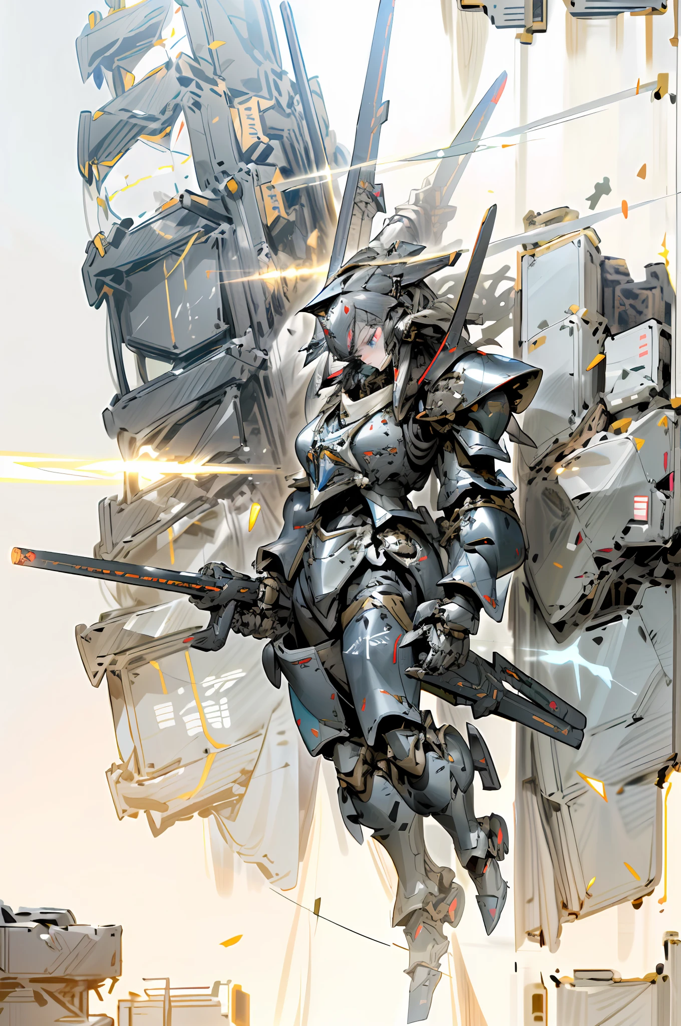 masterpiece, best quality, mecha, no humans, (full body), (black armor mecha:1.5), (Axisymmetric:1.4),(HDR), (cinematic light:1.1), blue eyes, science fiction, fire, laser canon beam, war, conflict, destroyed city background holding weapon,(holding huge weapon:1.5), holding Very large shield, mechagirl girl,