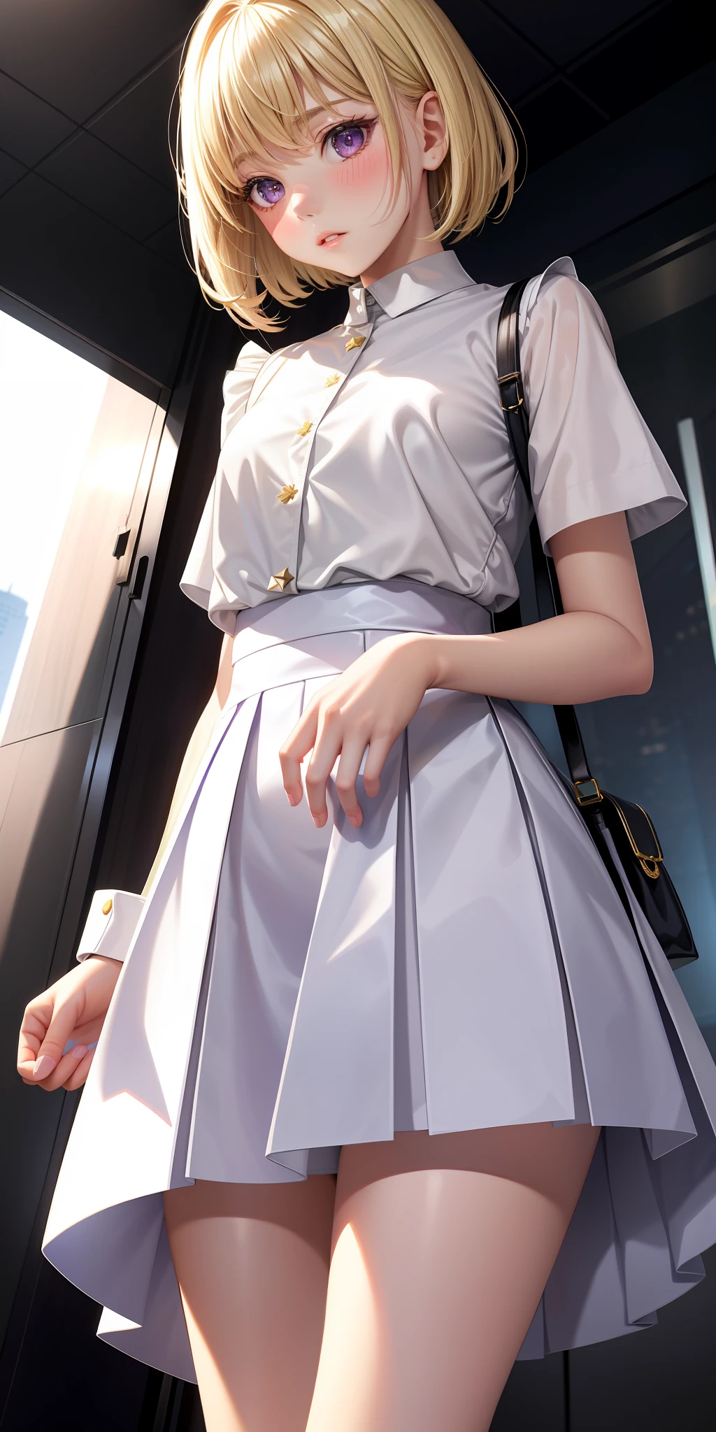 reality, girl alone, blonde, petite, purple eyes, shiny eyes, skirt, parted lips, shyness, blush, night, flower, sun, sunlight, white skirt, short skirt, short hair, reality, warm color, white short skirt, white clothes, light background color, day environment, golden lobby of 7 star hotel in Dubai
