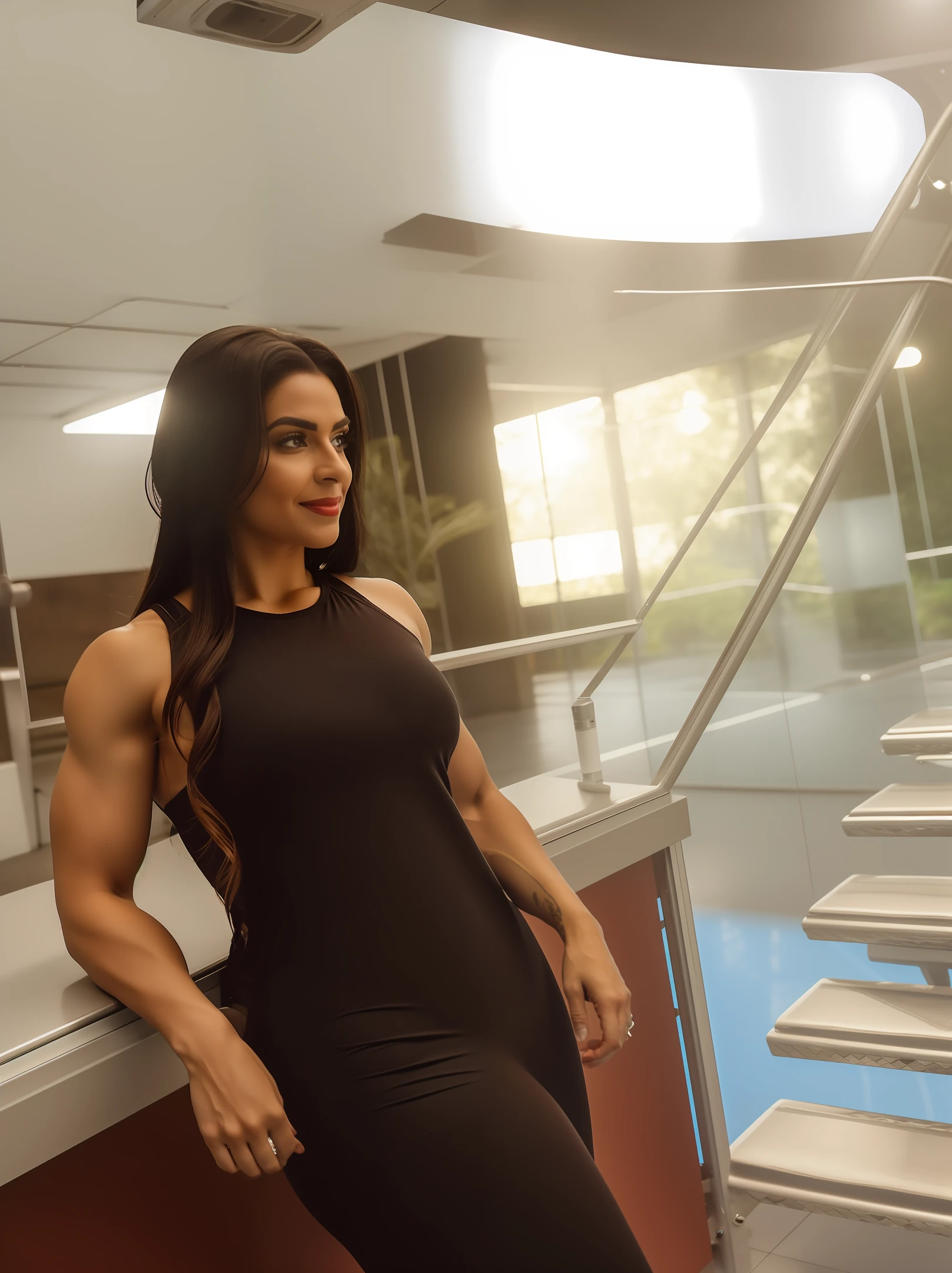 mulher fitness,Mulher linda de vestido preto, imagem ultra realista, imagem HD, Full HD, Full definição, realismo, qualidade ultra realista, fotografia,foto profissional, 8K, cinematic lighting, photographic, Eastman Kodak Color Negative film 5251 50T shot on panavision super ps . no arms,light through the mist morning fog, highly detailed, photorealistic portrait, bright studio setting, studio lighting, crisp quality and light reflections, unreal engine 5 quality render, realistic face,naturals body figure on instagram, full body shot, telephoto lens, 50mm --auto --s2
