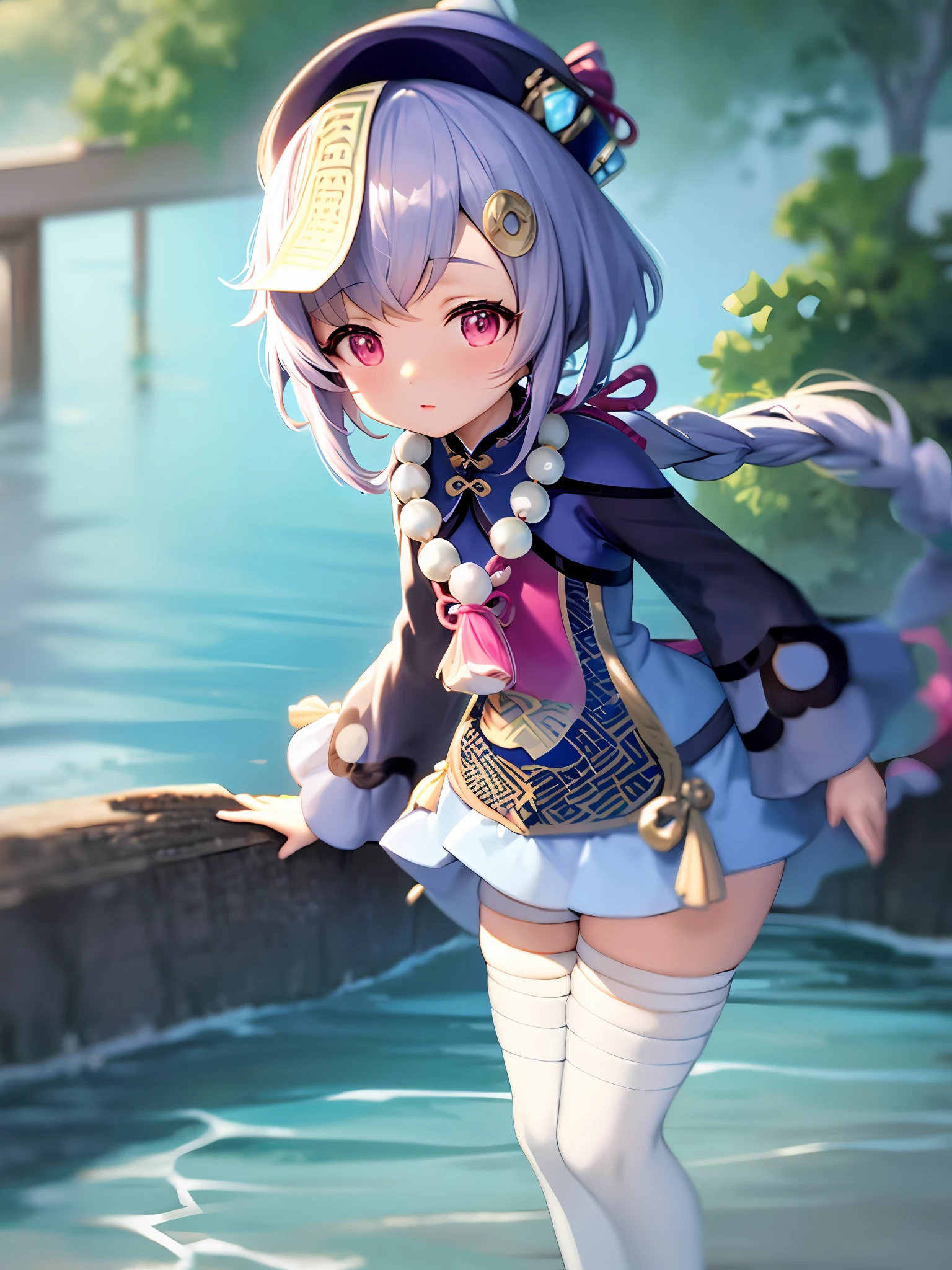 ofuda 1girl qiqi (genshin impact), (cute:1.1), masterpiece, best quality, perfect hand, wide hips, (windy:1.3), looking at the audience, standing in the water, wet clothes masterpiece, best quality, wallpaper