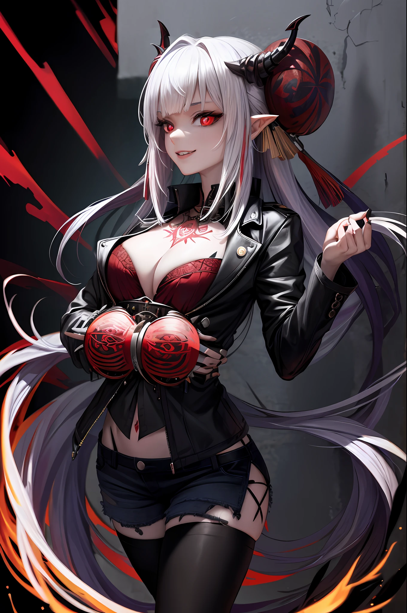 (Ashenhardt style:1.4), Masterpiece, Best quality, High quality,(Red eyes with dark red glow), (in profile), Abstraction, Deep Sea, Award-winning photography, Depth of field, HDR, Very detailed, Trending in art station, Trending in CGsociety, Complex, High detail,(Masterpiece: 1.2, highest quality), (Best lighting, very delicate and beautiful), (Best lighting, Very delicate and beautiful), (beautiful detailed face), (detailed eyes and detailed face:1.2), dark fantasy, (young girl, 1girl, solo, crazy smile, pale skin,G cup,cleavage,19 piercings,((tattoo all over body,tribal tattoo all over foot)) gray hair, red glowing eyes, dynamic angle, vampire), ((back Art Paint on Ground, Magic Circle, Graffiti on the Wall)),(Get a Demon to Summon:1), ((In the Chinese City)),(Magic Circle to Devil),Magic Thunder, pointy_ears, Fangs,Blood Rain on Face,Blood Mist,(Depth of Field),High Contrast,(Blood Splash: 1.4),Cowboy Shot,Full Body, Prank Pose,Shorts,Jacket,Shirt,Shorts,Cowboy Shot,Denim Jacket,
