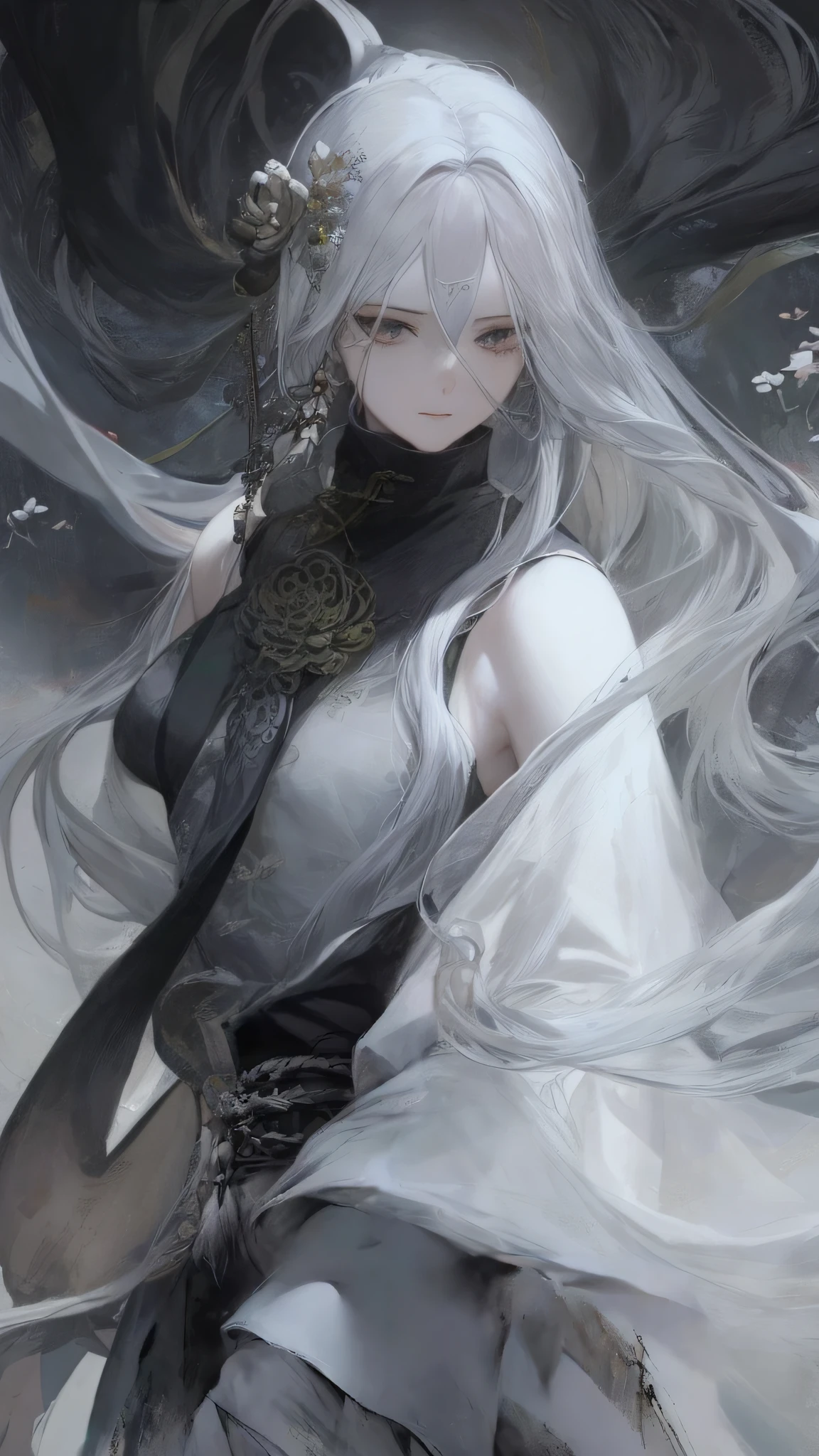 A woman with long white hair and black scarf black eye patch, dressed in ancient Chinese clothing, flowing tulle, light silk, lazy pose, large lotus leaves, lotus flowers, ink painting style, clean colors, decisive cut, white space, freehand, masterpiece, super detailed, epic composition, high quality, highest quality
